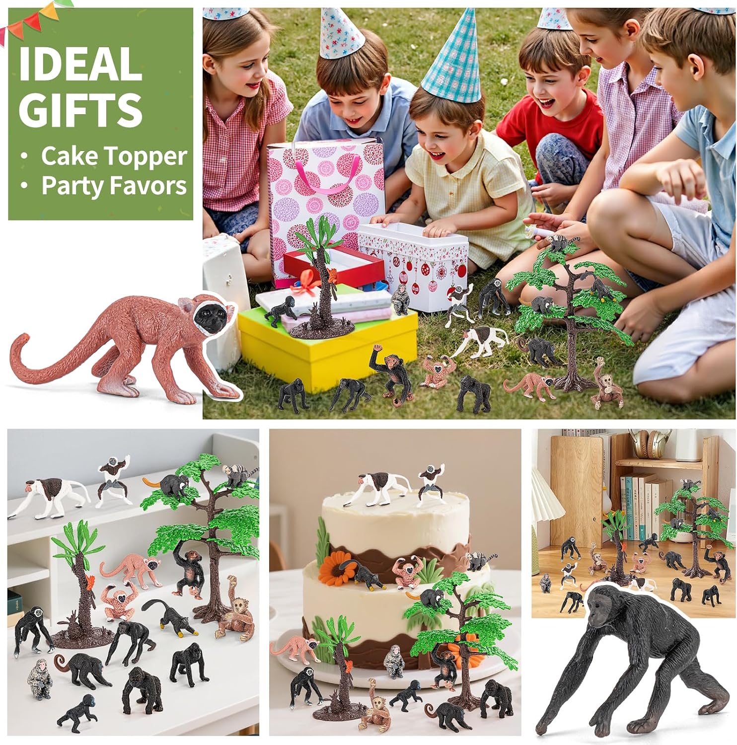 16PCS Apes & Monkey and Tree Toys, Mini Animal Figurines Toys for Kids Include Orangutan, Tamarin, Lemur, Chimpanzee, Squirrel, for School Projects, Valentine's Day Gifts for Kids