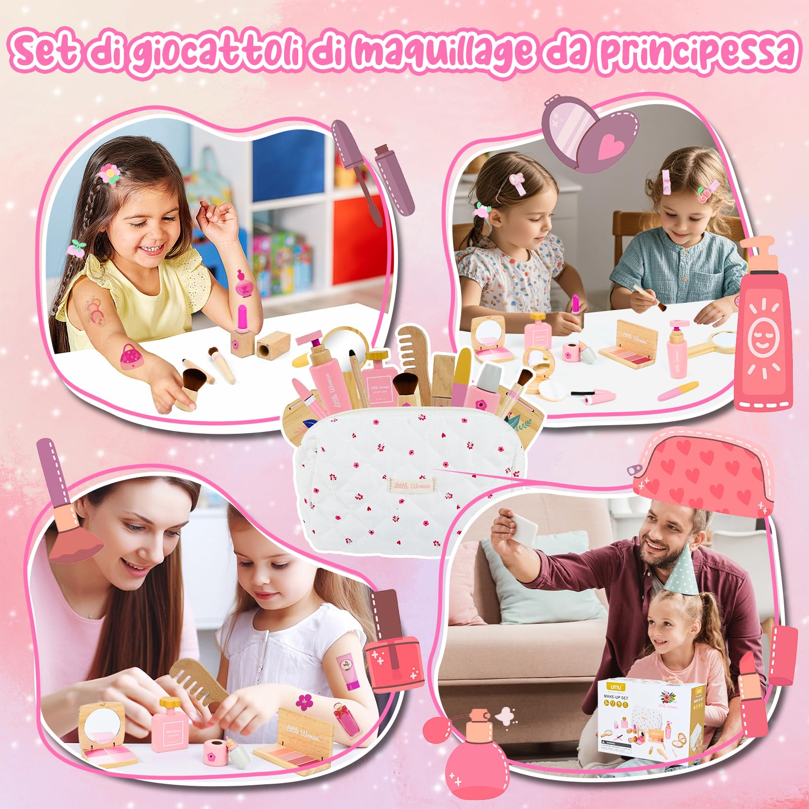 Joellfuner Set di trucchi per bambini, in legno, per bambini, in legno con fermagli per capelli e tatuaggi, gioco di ruolo, regalo di Natale per compleanno a partire dai 3 anni in su