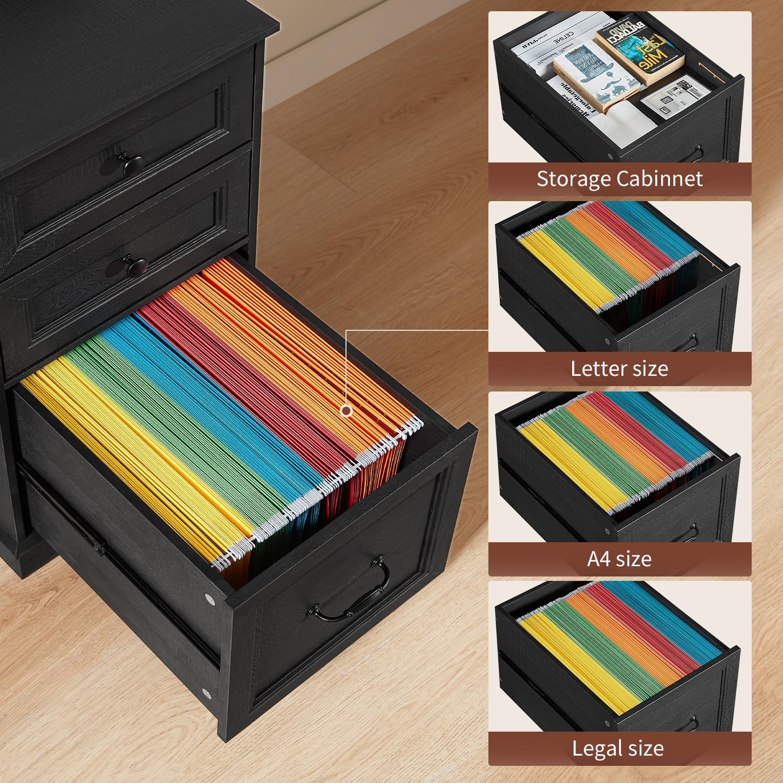 HAUOMS Farmhouse Executive Desk with Drawers Computer Desk with File Drawers, Power Outlet and Led Lights, Executive Office Desk with Storage Cabinet and Monitor Shelf for Home Office, Black