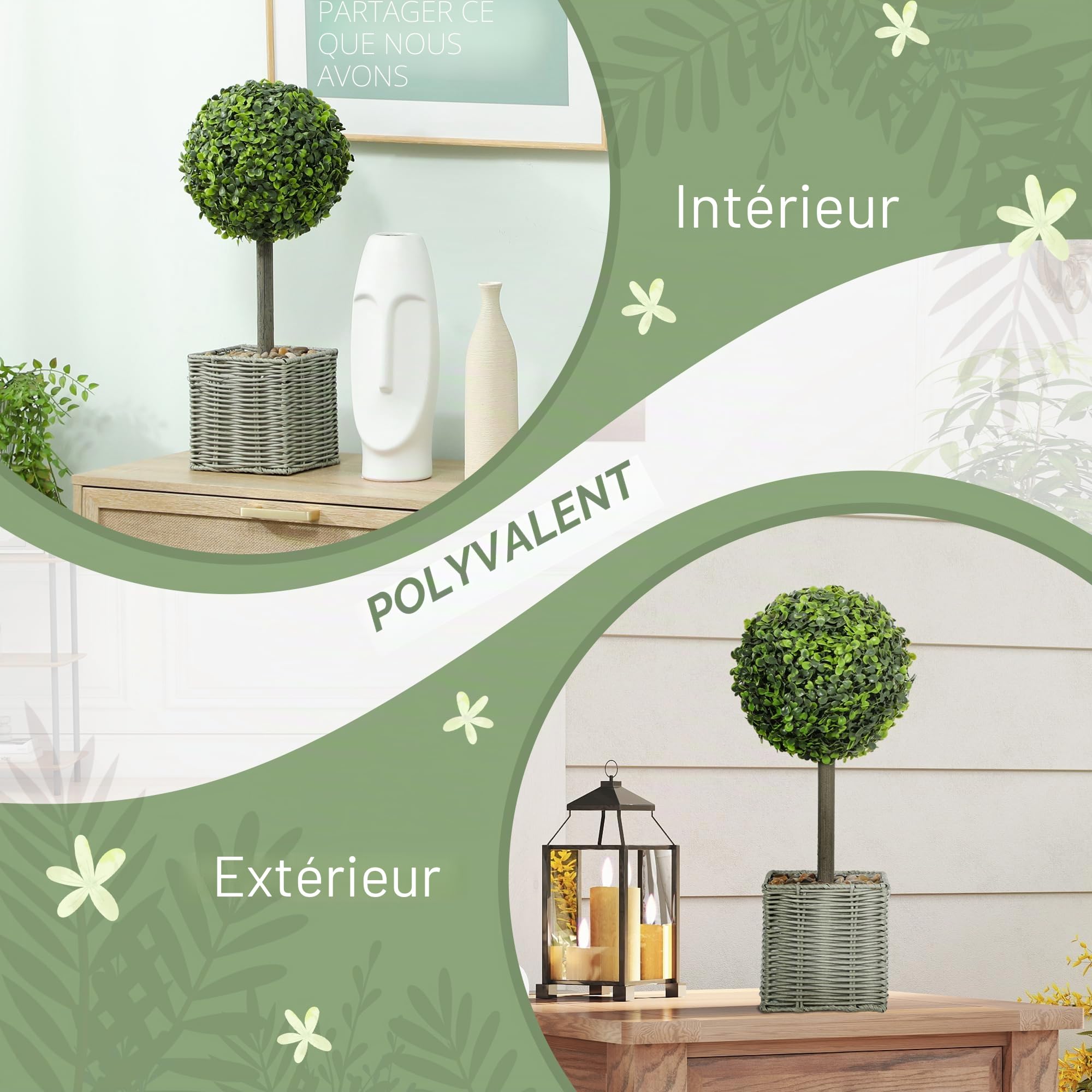 HOMCOM Lot de 2 Boules de buis artificielles 50cm avec Galets décoratifs