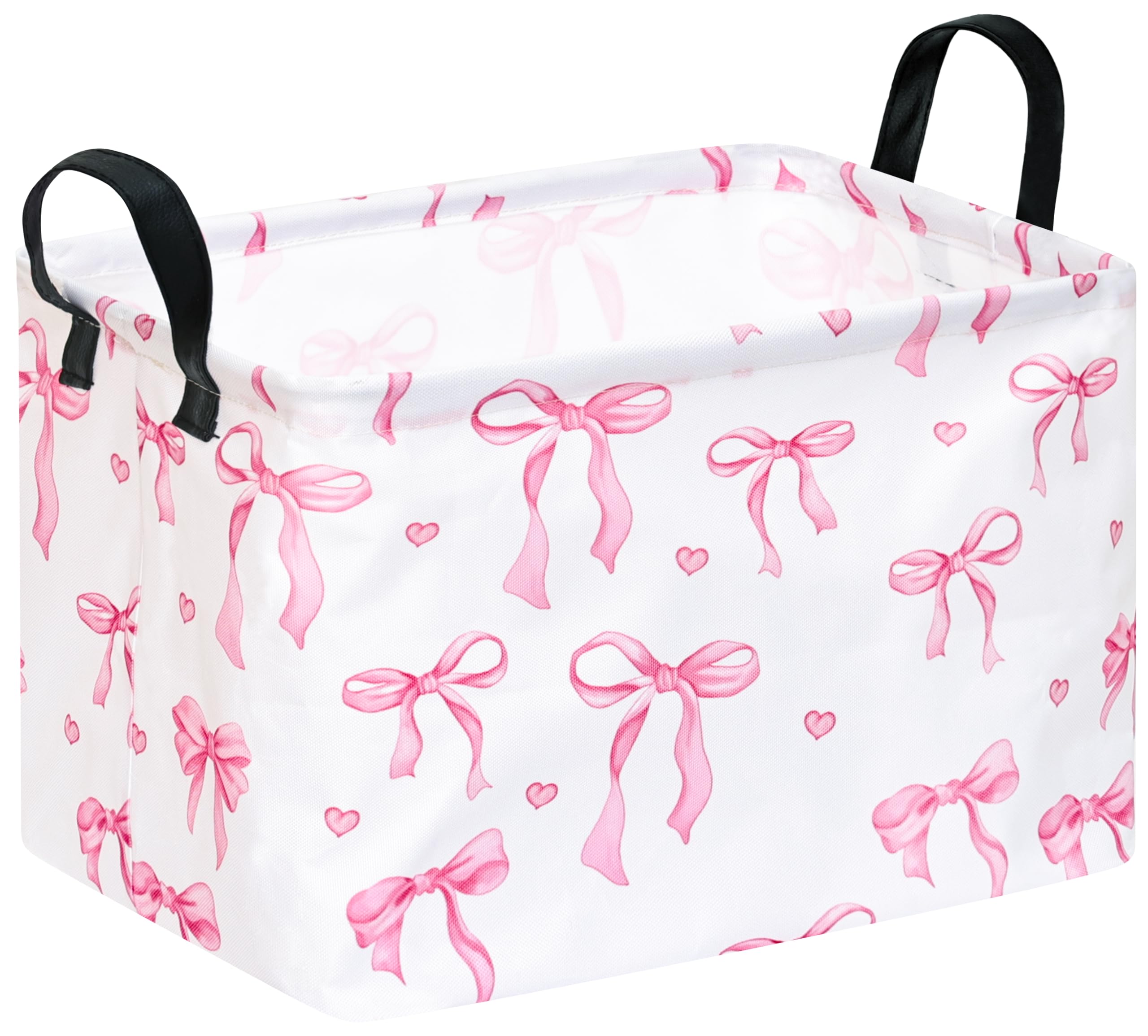 Girls Storage Basket with Pink Bow Print,14.5" x 10.2" x 9.1",Waterproof coating,Collapsible Rectangular Bin with Handles; Ideal for Girls' Gifts, Laundry, Clothes &amp; Toy Storage,Home Organizer