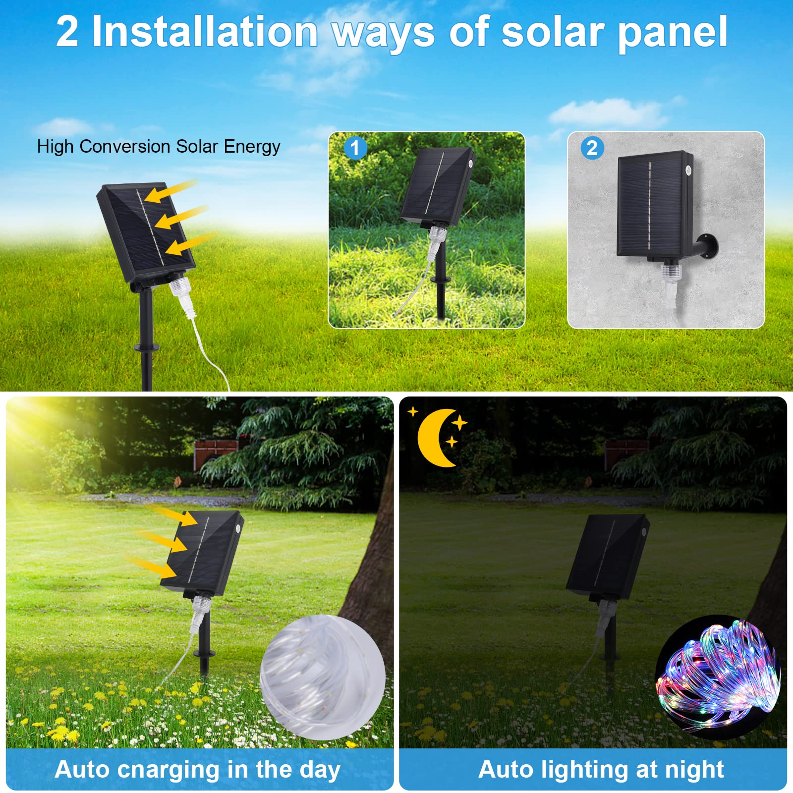 WIND STAR Solar-Lichterkette für den Außenbereich, 200 LEDs, solarbetrieben, wasserdicht, mit Fernbedienung, 8 Modi, Dekoration für Zelt, Terrasse, Garten, Party, mehrfarbig