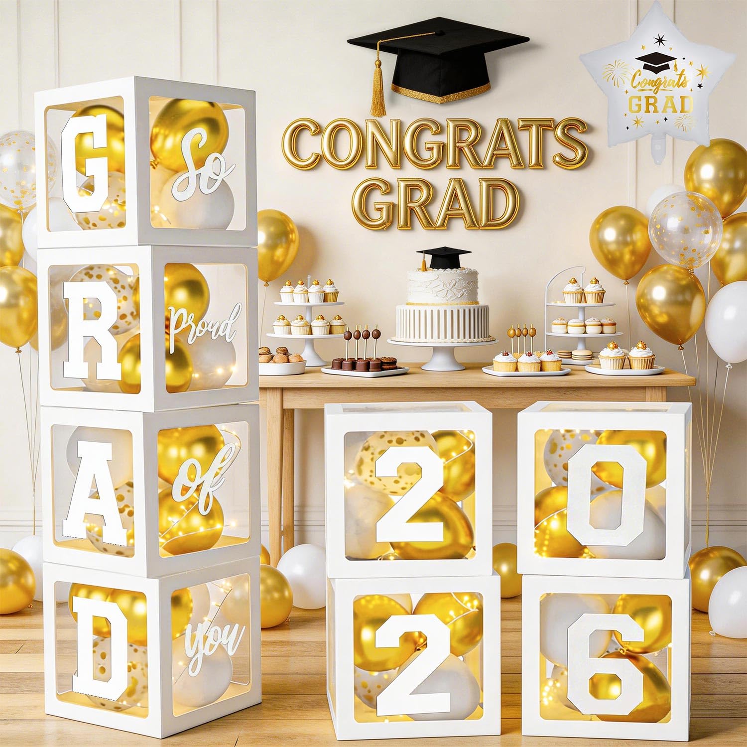 Photo 1 of 2026 Graduation Decorations, White Graduation Decorations, Balloons Boxes (4PCS) with Letters 2026 GRAD So Proud of You, Congrats Grad Decorations for High School & College