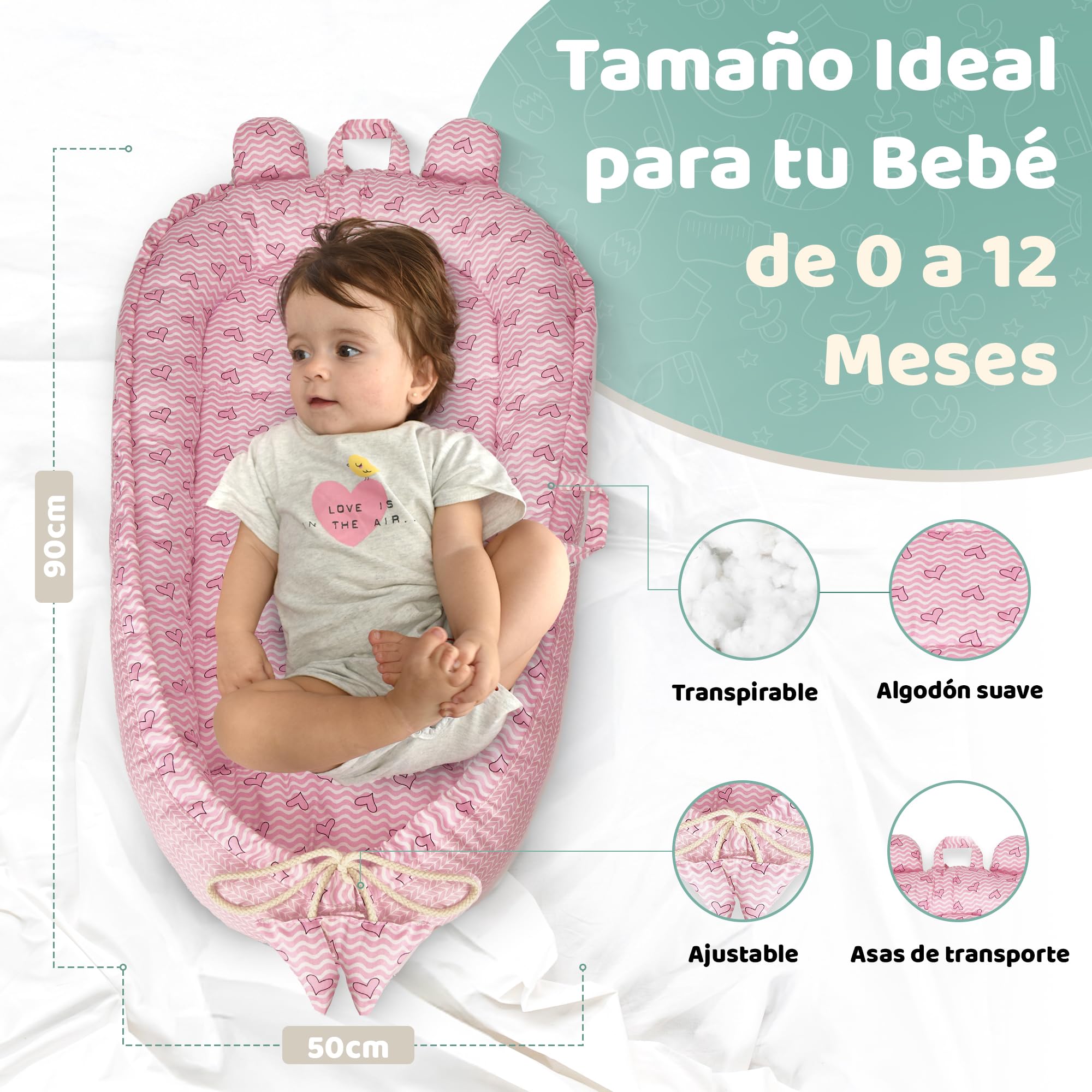 Nido neonato 90x50cm - Letto nido per bebè - Riduttore per culla - Mini culla - Cesta per neonato - Culla portatile o da viaggio - Mussola leggera 80x80cm - 100% cotone (Cuori rosa)