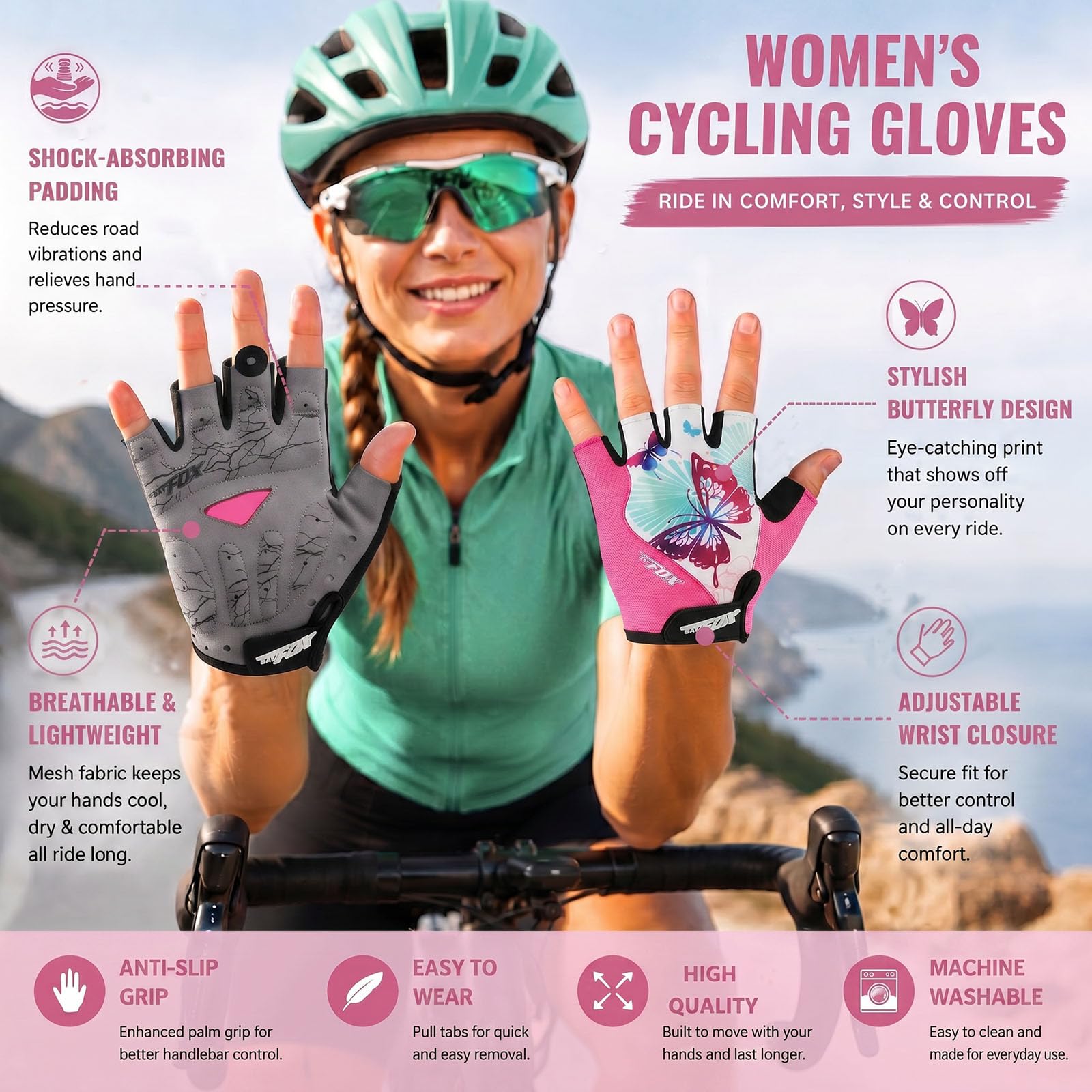 DuShow Guanti da ciclismo da donna a mezze dita, con imbottitura in gel, antiscivolo, ammortizzanti, per mountain bike, strada, bici, bici, senza dita
