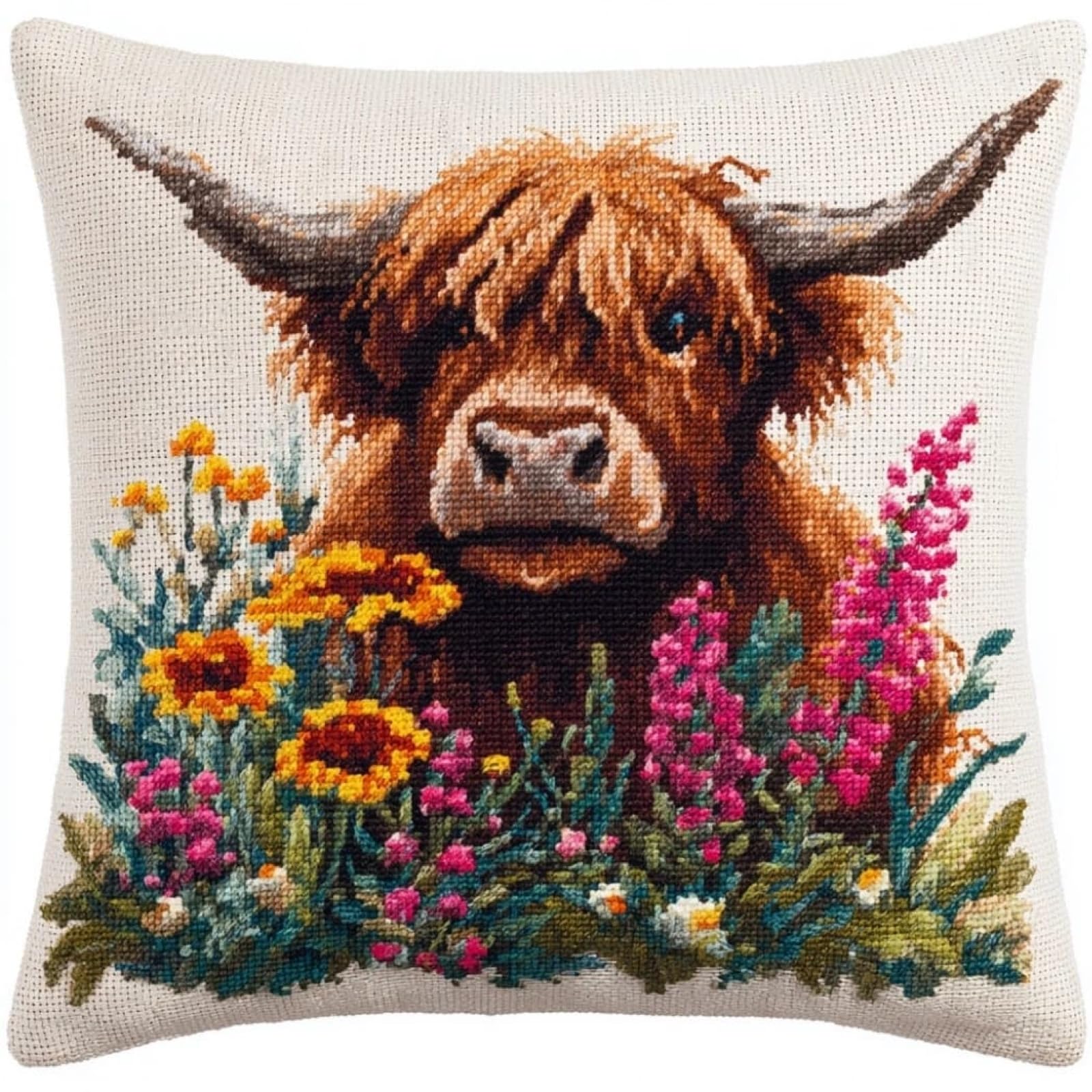 WallustrioaW Stamped Cross Stitch Pillow Kits,Highland Cattle in the Flowerbed 11CT Cross Stitch Cushion Cover Embroidery Kit Needlepoint Handmade Cushion for Home Decor 18x18inch