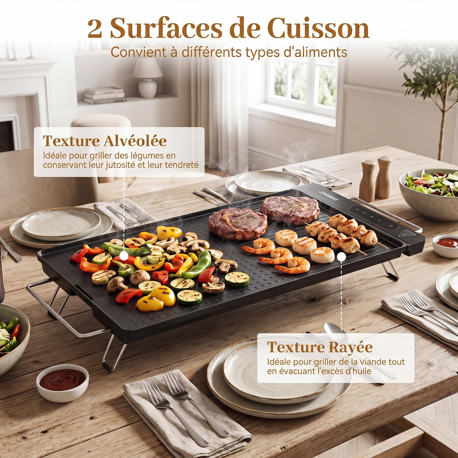 COSTWAY Plancha Gril Électrique 1300W, Plaque Antiadhérente avec Double Surface, Contrôle Tactile, Poignées, Pieds Pliables, Lavable Lave-vaisselle, Protection Surchauffe pour Voyage, Pique Nique