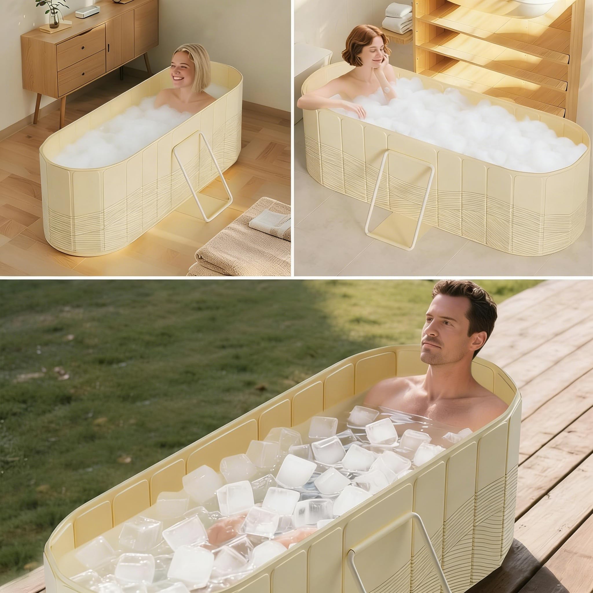 NArra Baignoire portable pliable pour adultes, 2 en 1 Bain chaud & Bain de glace, Grand bain autoportant, Isolation épaisse SPA, Sauna, Douches de couple, 150 x 55 x 53 cm / 4.92 pi (sans couvercle)