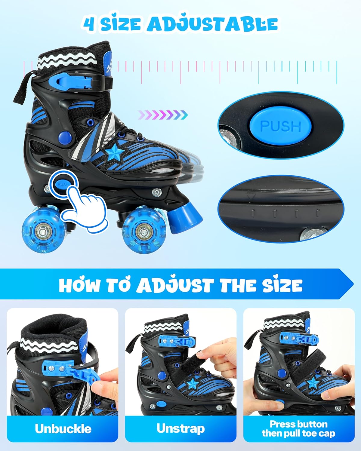 Sportneer Kids Roller Skates, 4 Adjustable Light up Roller Skates for Girls Boys Kids Toddlers Beginners, Kids Skates with Protective Gear Set Gift for Indoor, Outdoor Use