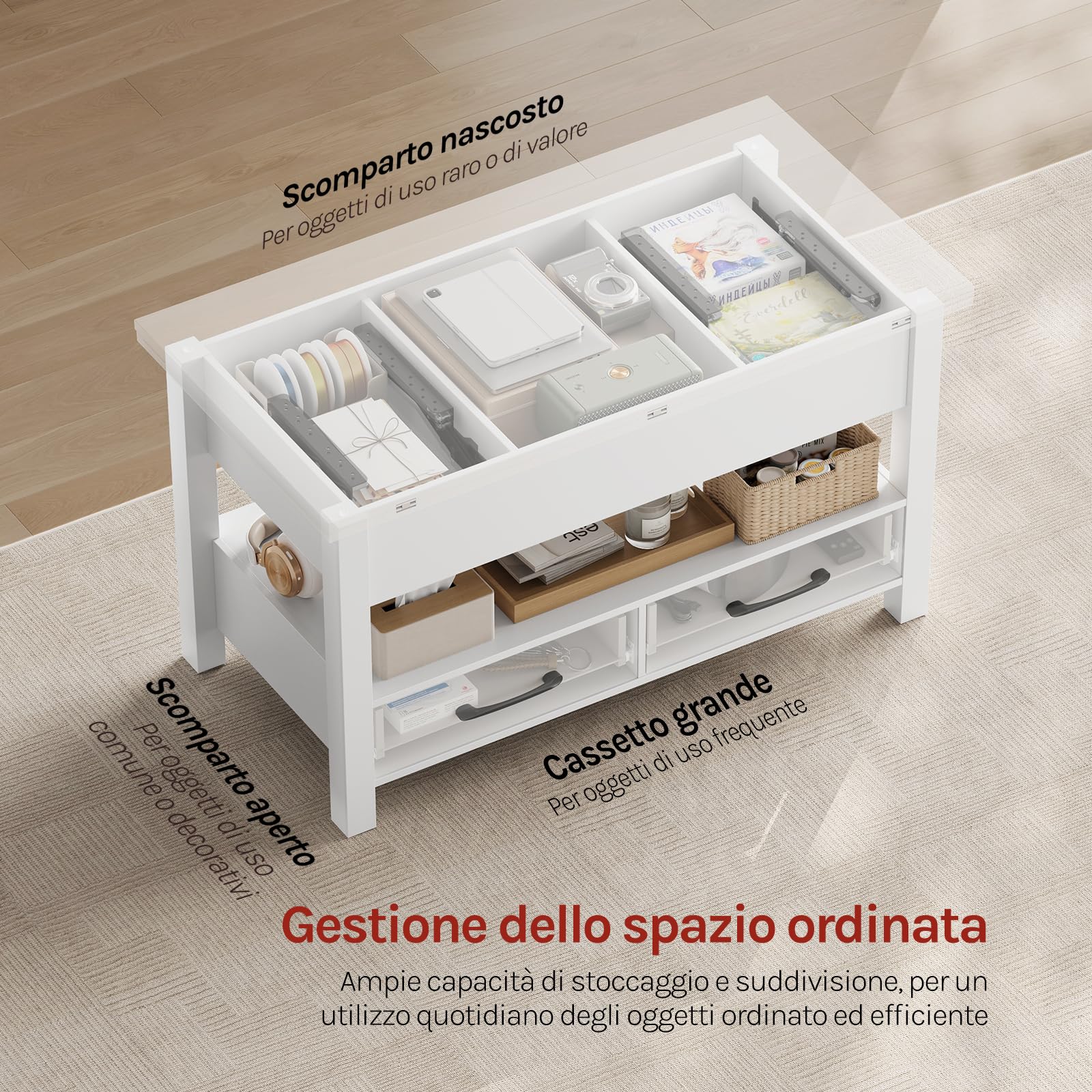 WOLTU Tavolino da Caffè Sollevabile con Spazio Nascosto, Scomparto Aperto e 2 Cassetti, Tavolo Salotto Estensibile Multifunzione per Soggiorno e Studio, Bianco