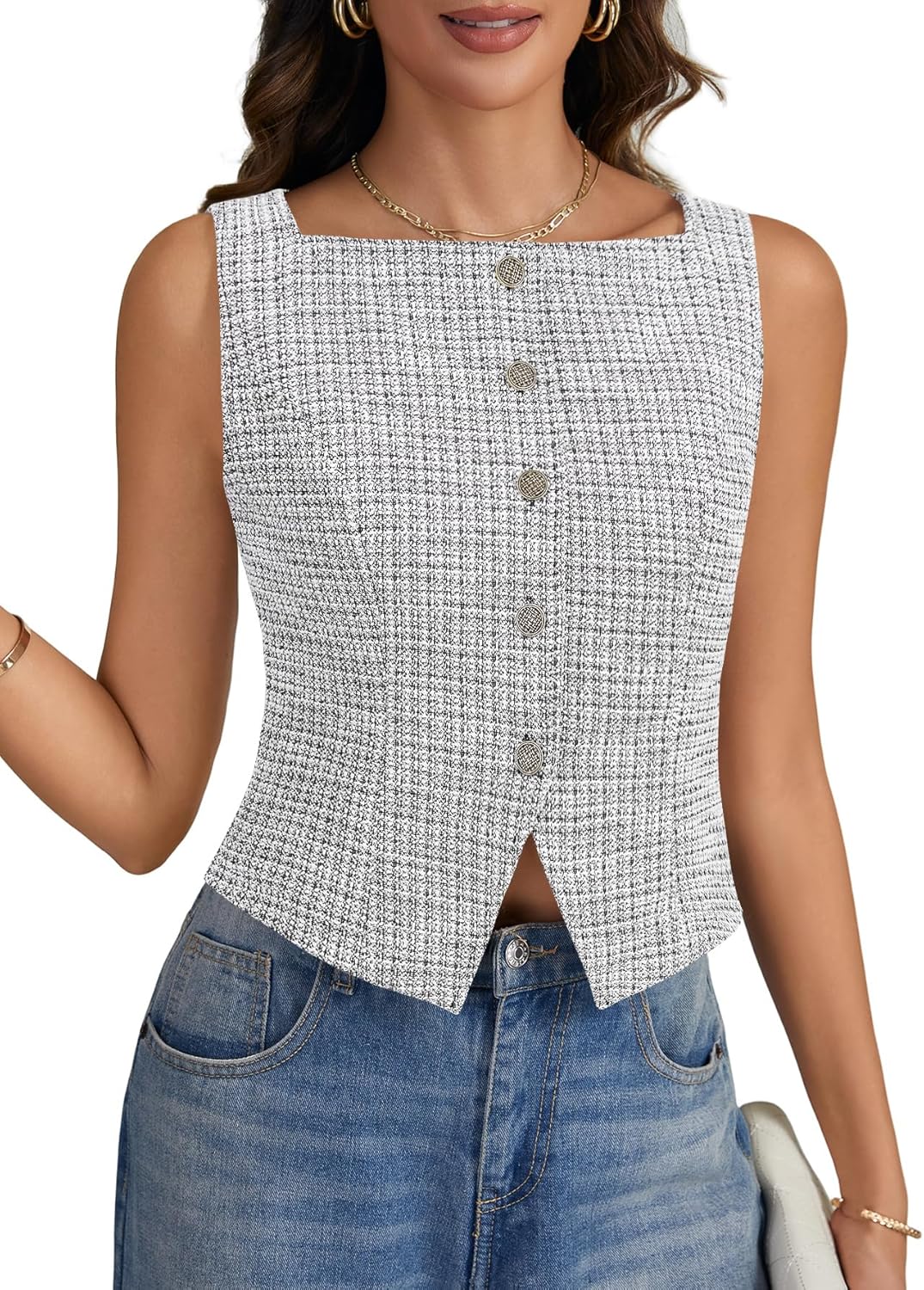 LYANER Women's Square Neck Sleeveless Button Down Knit Slit Slim Fit Going Out Crop Tank Top - Image 2