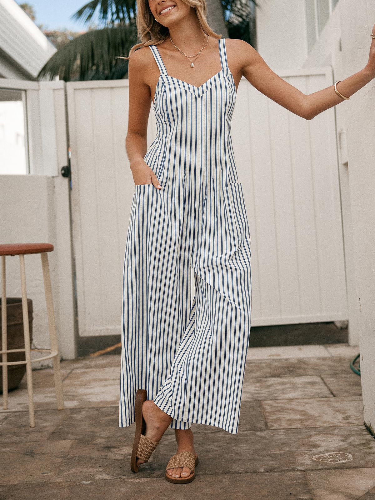 CUPSHE Damen Jumpsuit Gestreift Ärmellos Overall Gesmokt Cutout Strampler Weites Bein Lang Playsuit Sommer Lose Hosenanzug