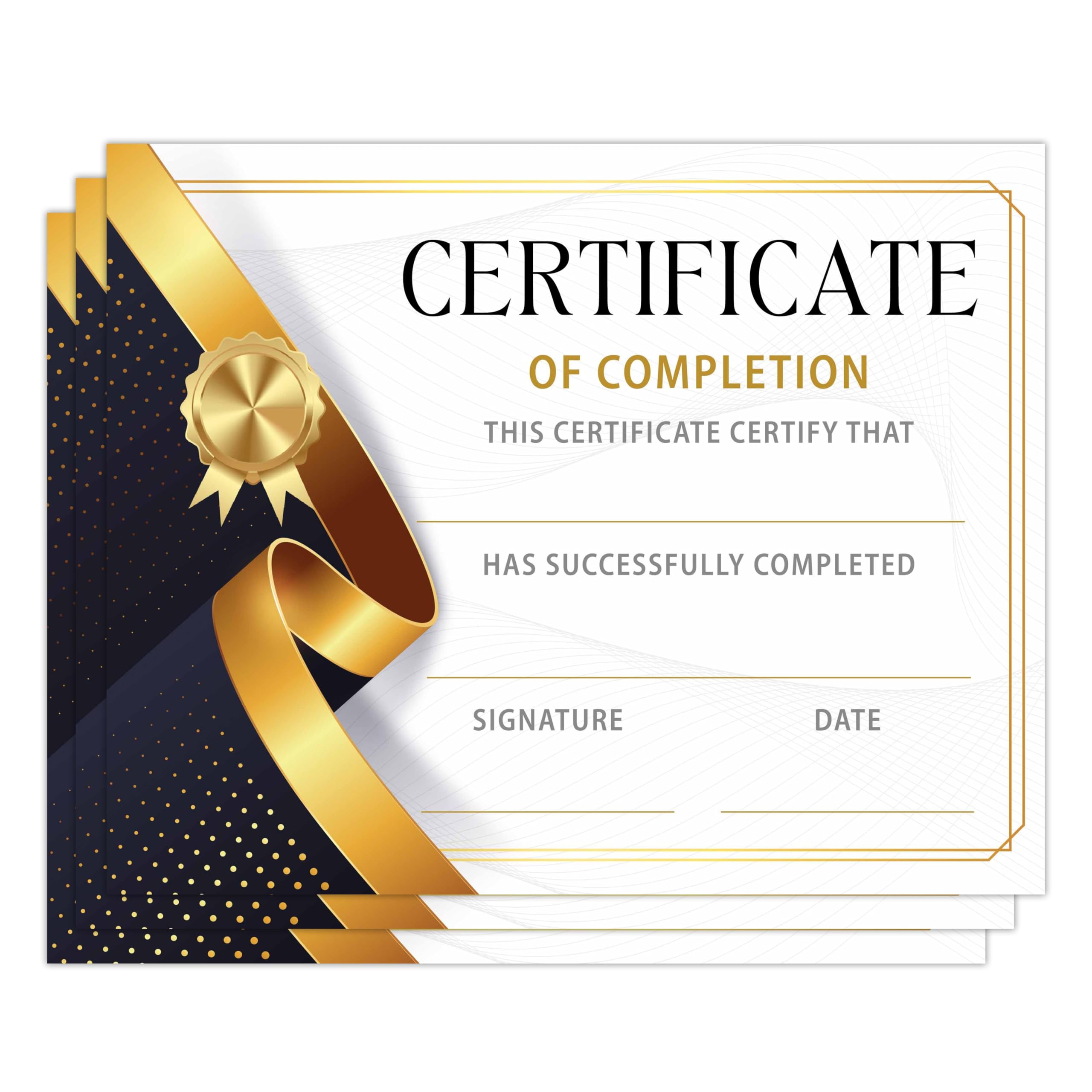 Certificate of Completion, Blank Gold Foil Theme Award Paper, Set of 25 Graduation Diplomas, Training Certificates of Achievement, Recognition for Employee Teacher Student Kid, 06