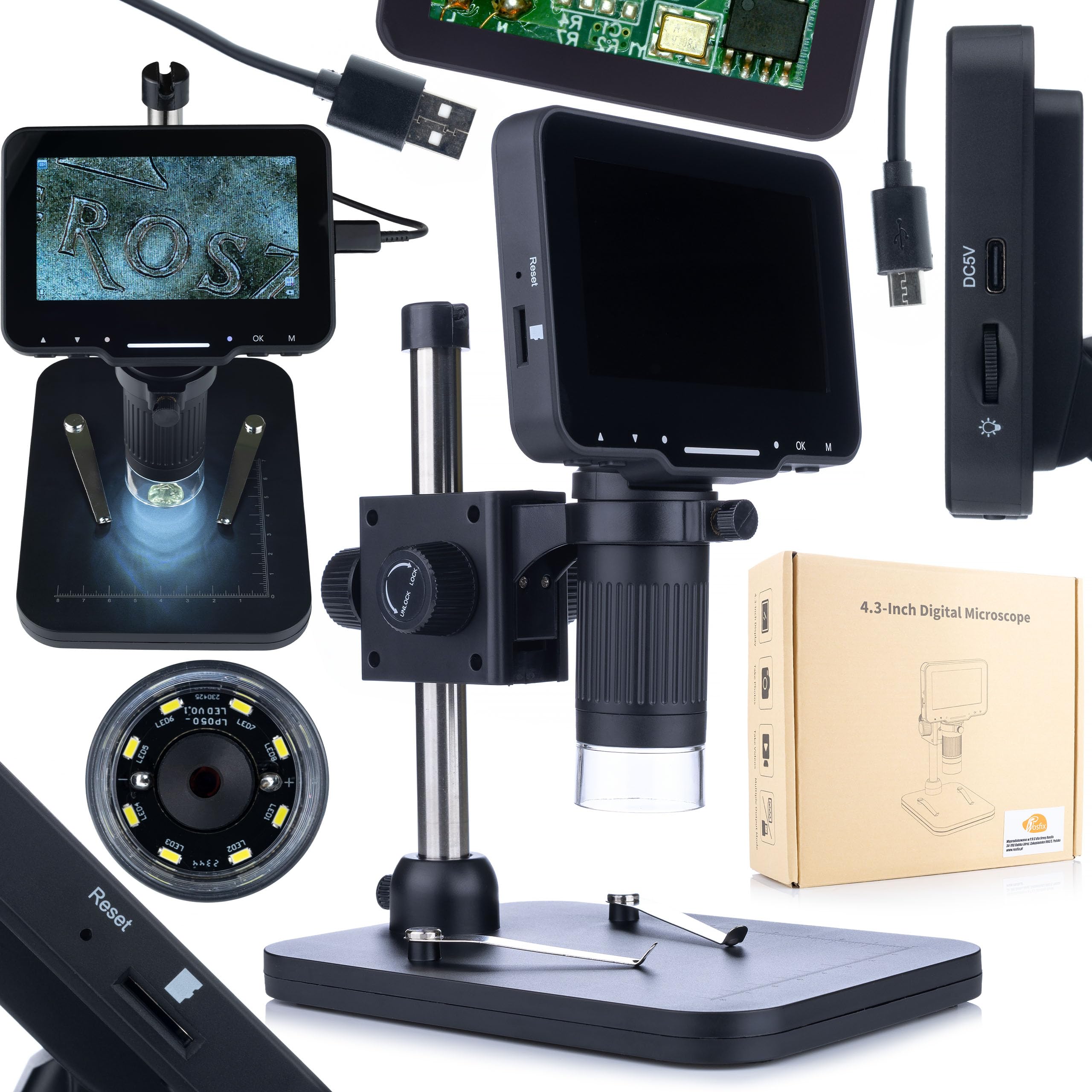 Rosfix Microscopio Digitale LP043-Z01C – Display LCD 4,3", Zoom Digitale, 8 LED Regolabili, 12MP, USB-C | Analisi Elettronica, Biologia, Gioielli | Microscopio Portatile