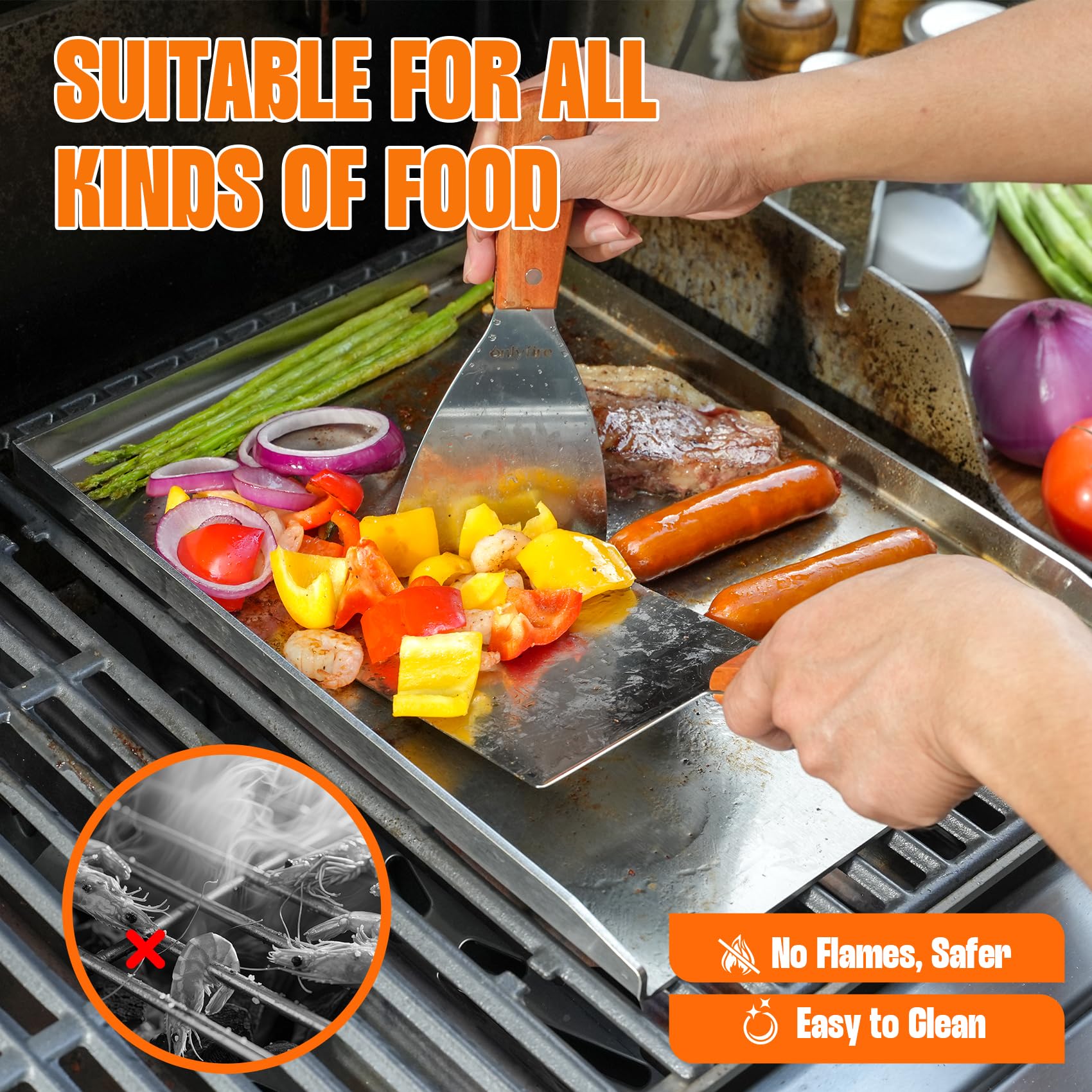 Onlyfire Plancha Barbacoa de Acero Inoxidable con 2 Espátulas BBQ para La Mayoría de Las Barbacoas de Gas y Carbón, Accesorios para Plancha, 40 ×30 × 2.5 cm | Plancha rectangular con raspador de barbacoa y espátula de parrilla para la mayoría de parrillas