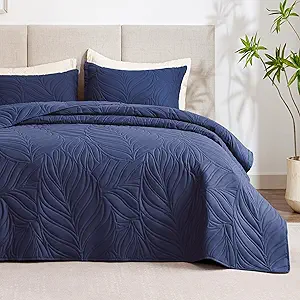 EXQ Home Quilt Set Full Queen Size Navy 3 Piece,Lightweight Soft Coverlet Modern Style Leaf Pattern Bedspread Set(1 Quilt,2 Pillow Shams)