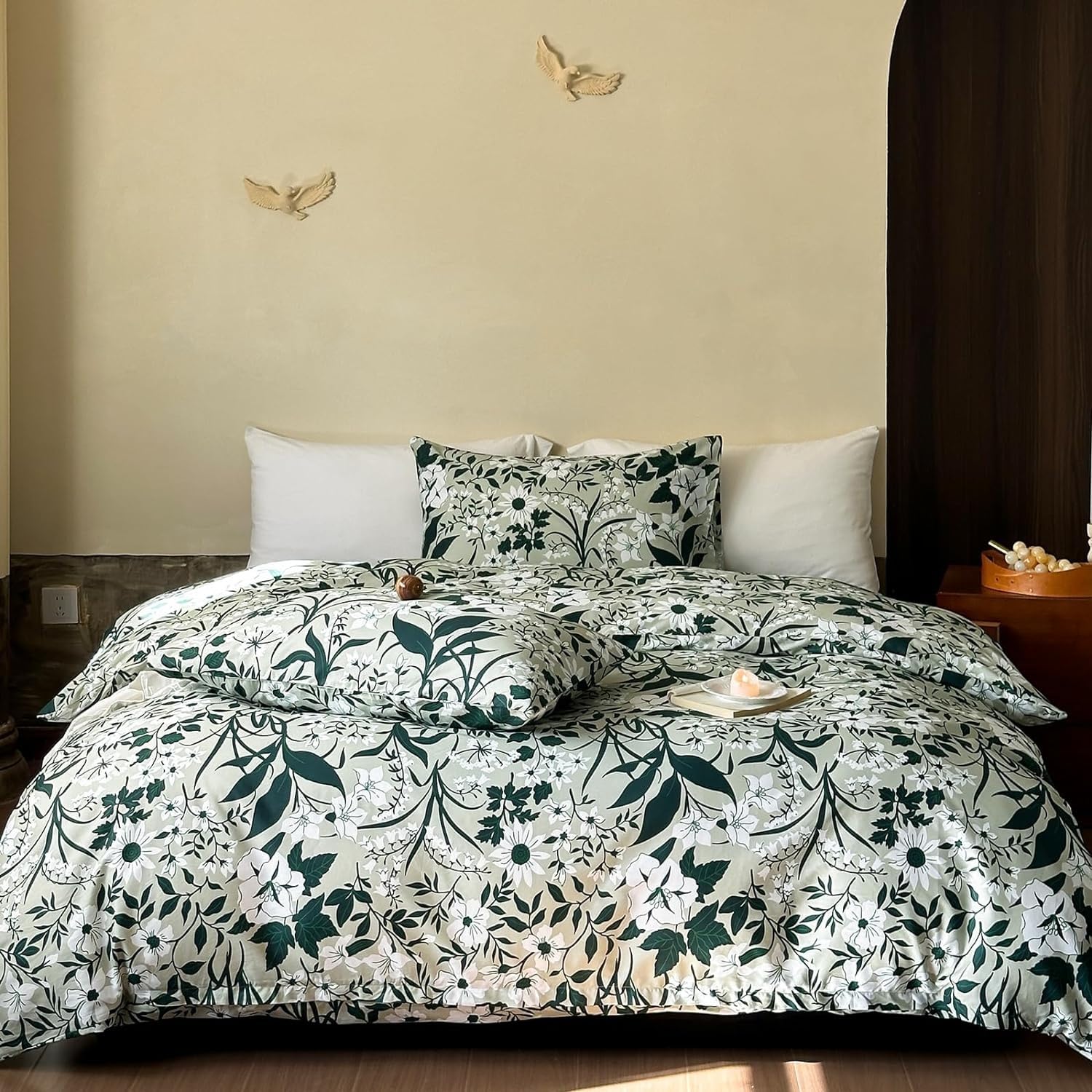 Parure de lit 220x240 adulte avec housse de couette imprimé floral et taies