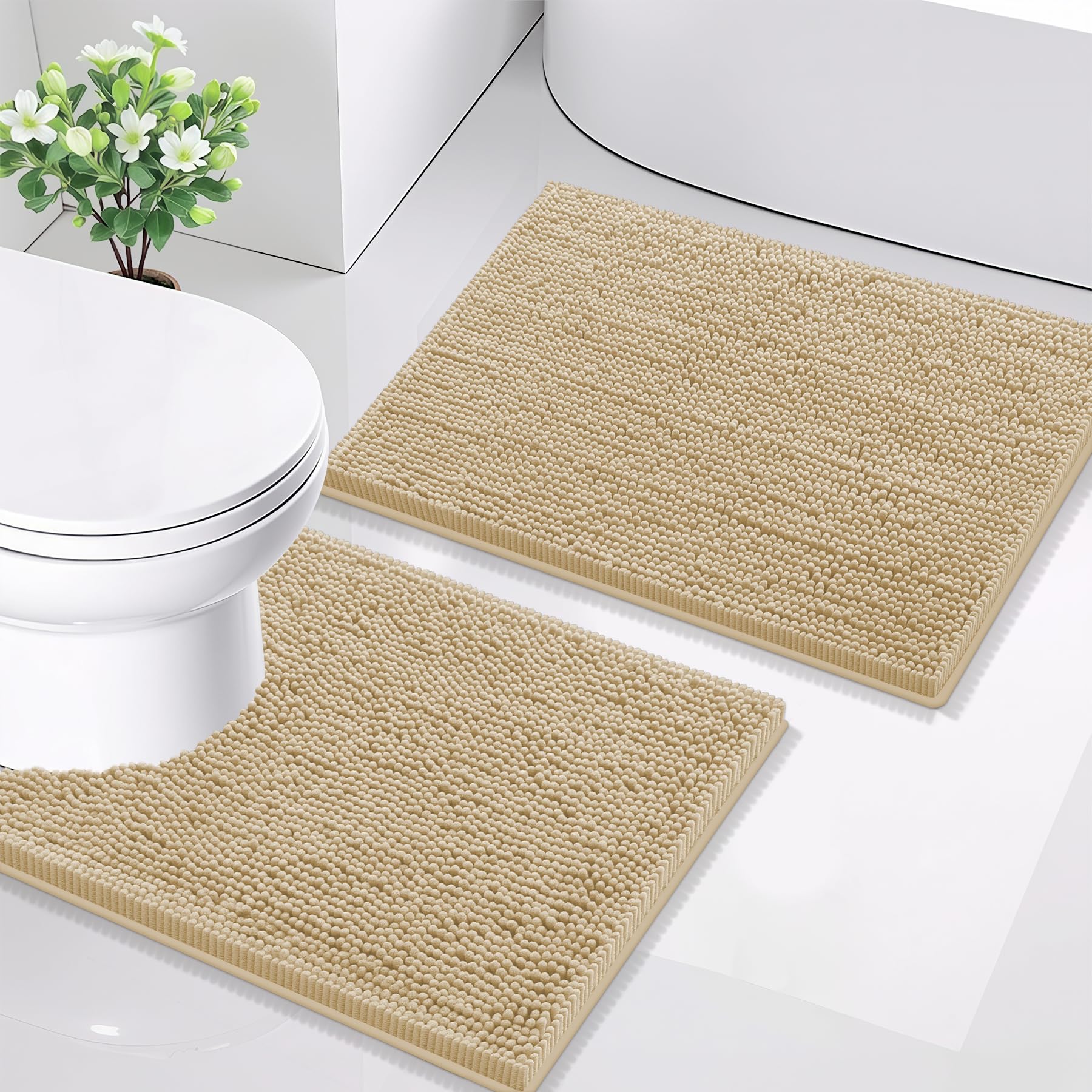Smiry Bathroom Rugs Set 2 Piece, Soft Absorbent Chenille Bath Mat and U-Shaped Toilet Rug Set, Non Slip Shaggy Bath Carpet for Tub, Shower and Floor (