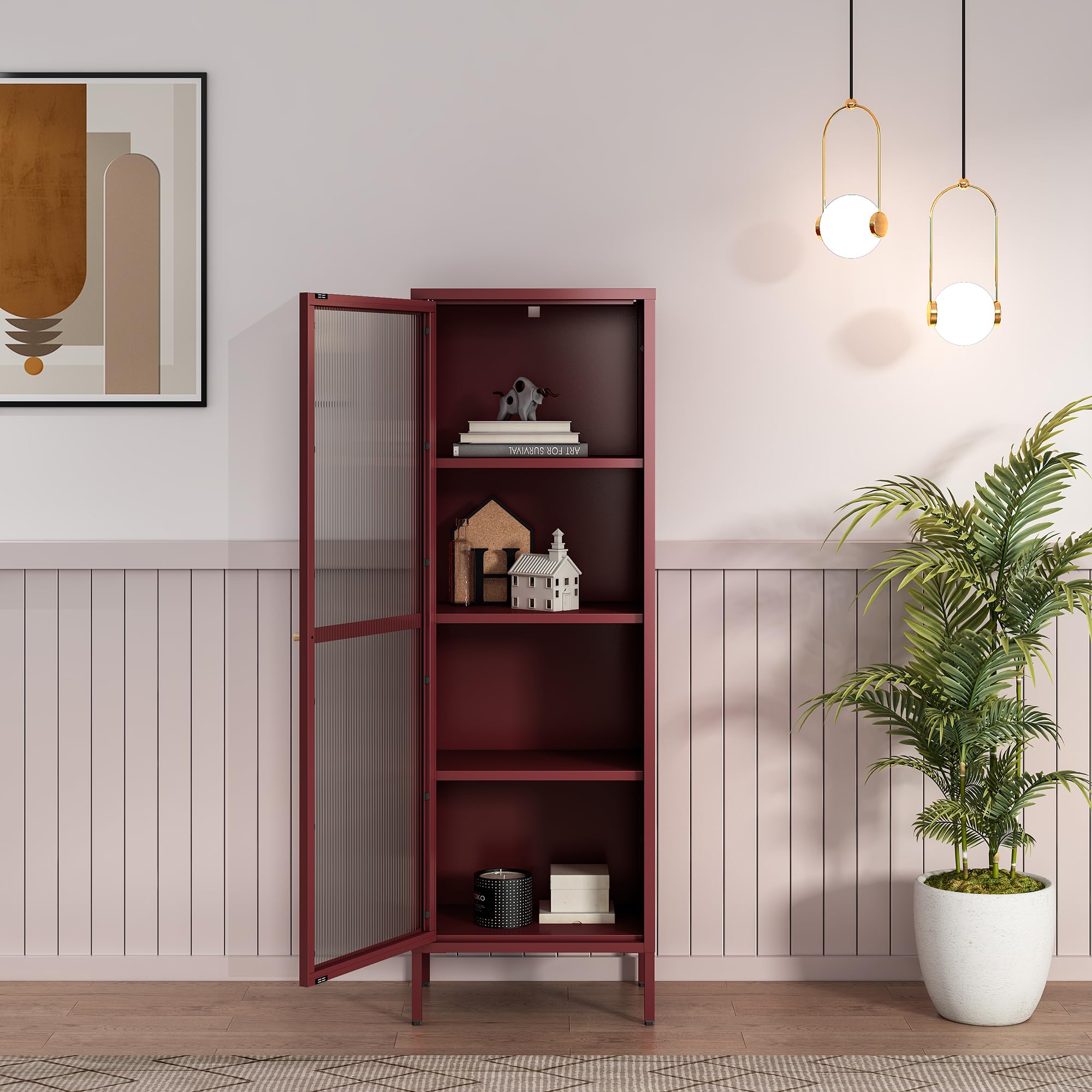 [en.casa] Vitrina Säkylä Aparador para Salón Mueble Auxiliar para Comedor Cocina Dormitorio con Puerta de Cristal y 4 Compartimentos Acero 150 x 50 x 35 cm - Rojo Bordeos y Translúcido