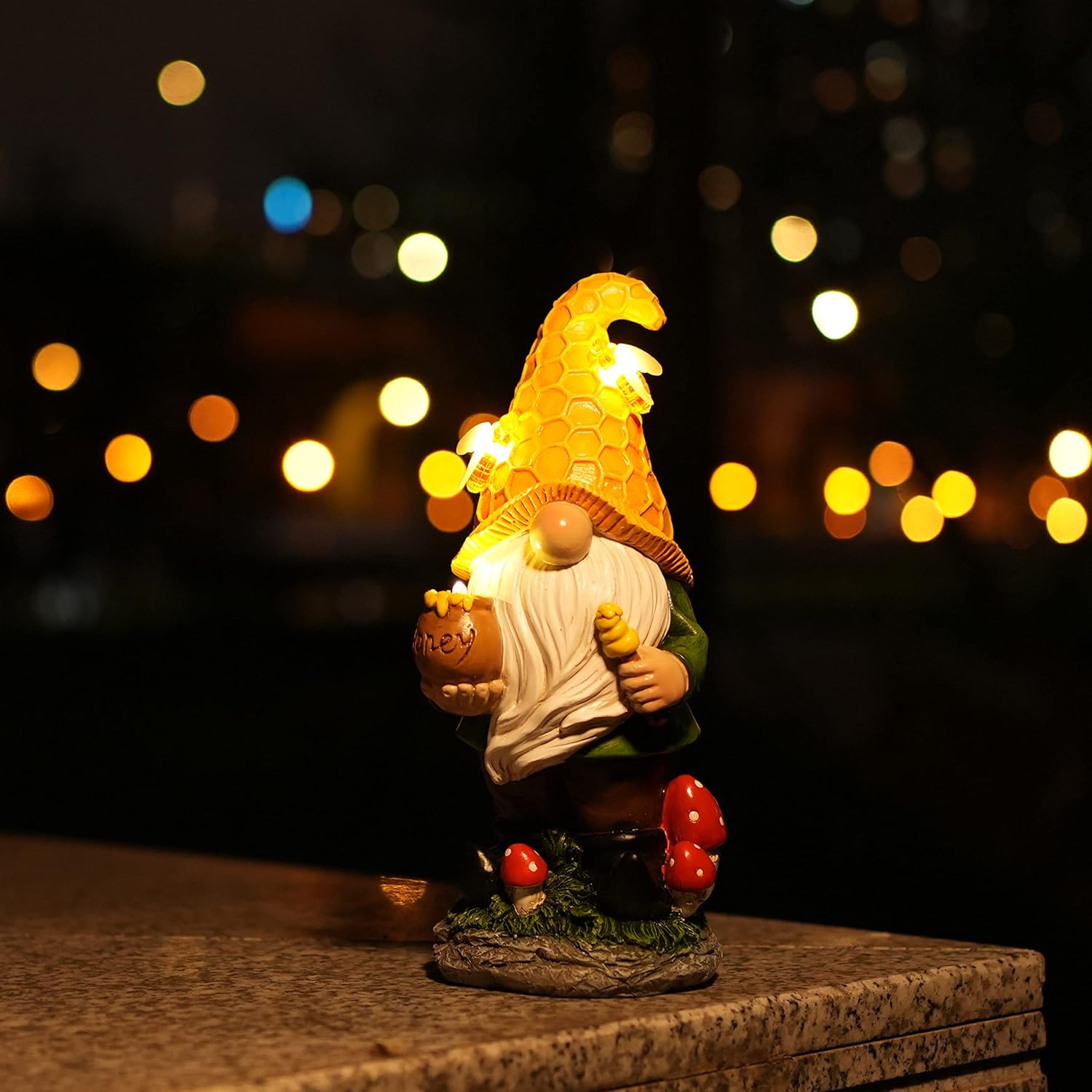 Garden Gnome Statue with Solar LED Lights, 10.8’’ Resin Bee Gnome Figurine Holding Honey Jar with Mushroom, Garden Sculpture Lawn Ornament for Patio Balcony Outdoor Decor (Yellow)