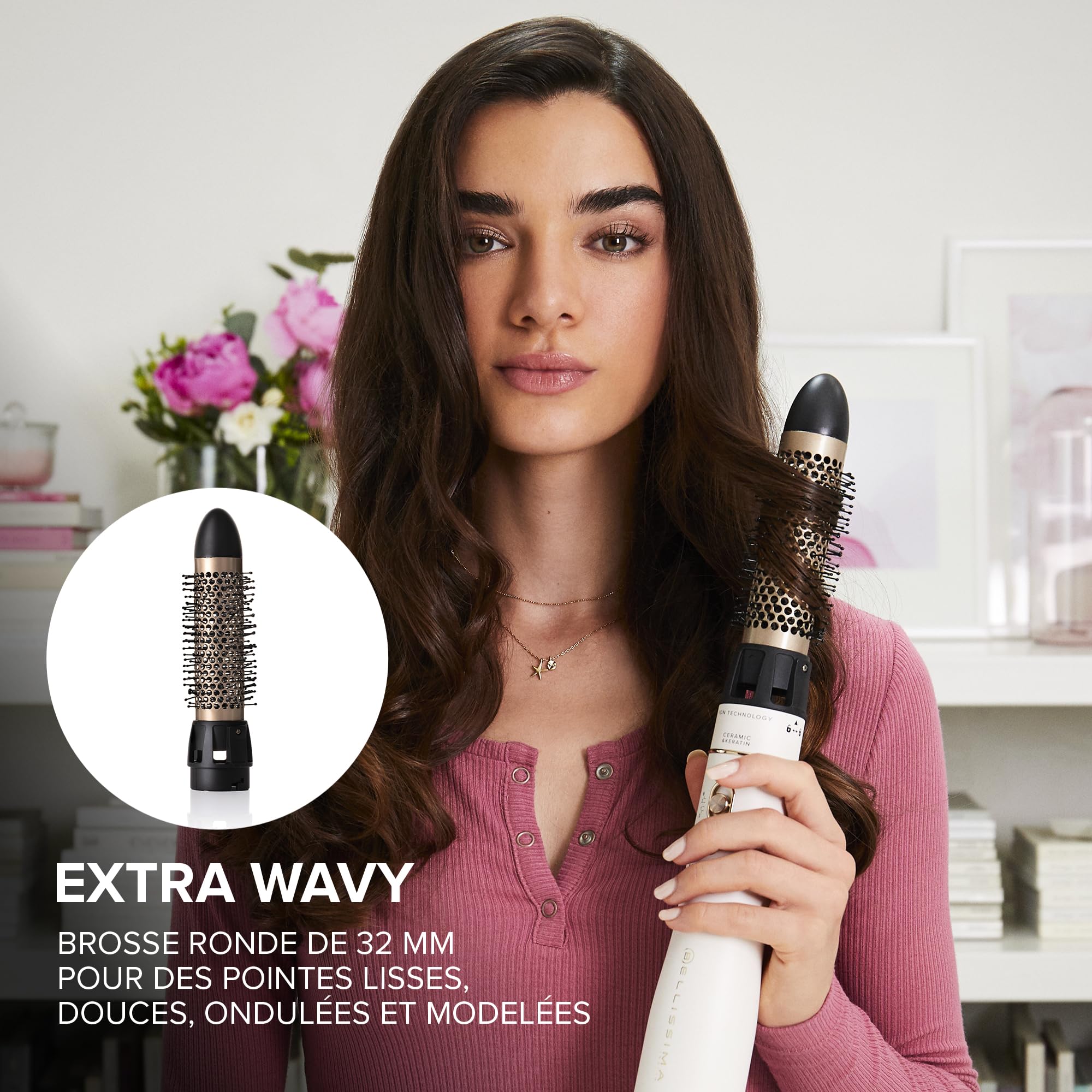 Bellissima Brosse Soufflante Ionique Air Wonder - Brosse Chauffante Brushing, Brosses en Céramique, Enduites de Kératine - 2 Températures et Air Frais - Sèche, Volume, 8 Accessoires Inclus, 1000 W