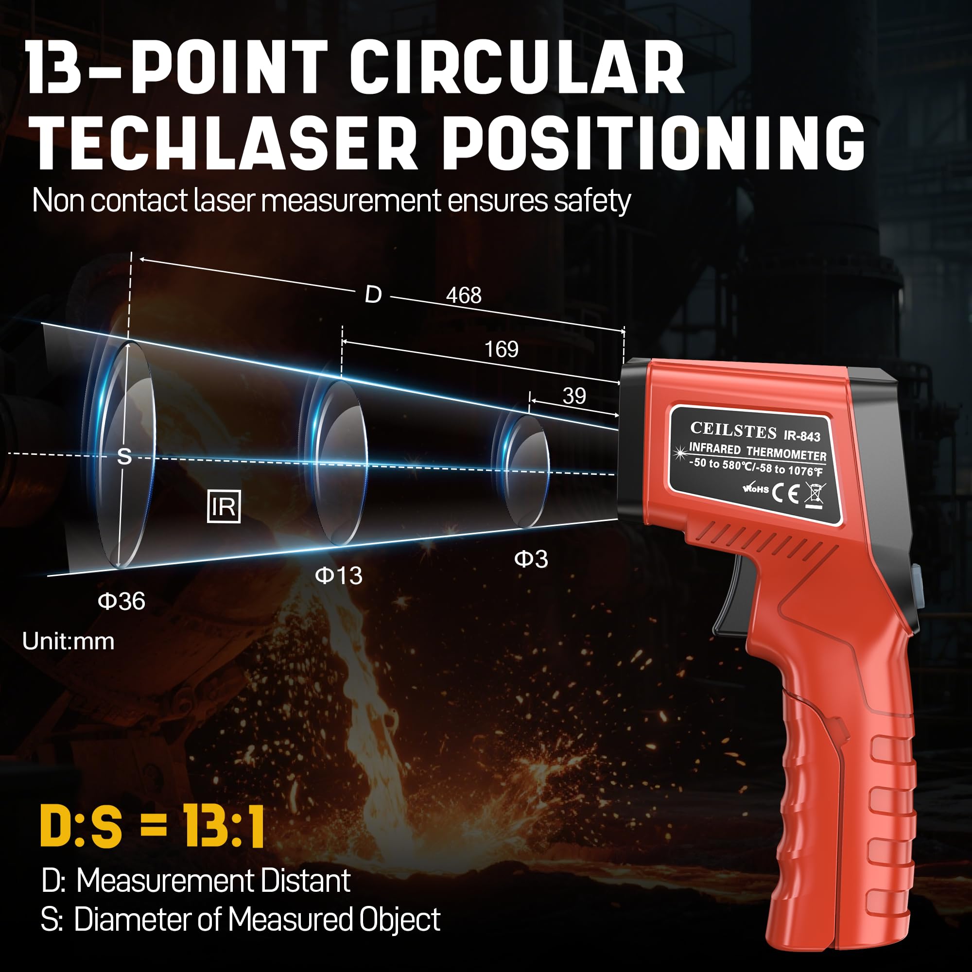 Pistola termometro a infrarossi, pistola a temperatura a infrarossi per cucinare, termometro laser da -58 °C a 580 °C, con emissione regolabile e max/min, adatta per industria, forni, HVAC