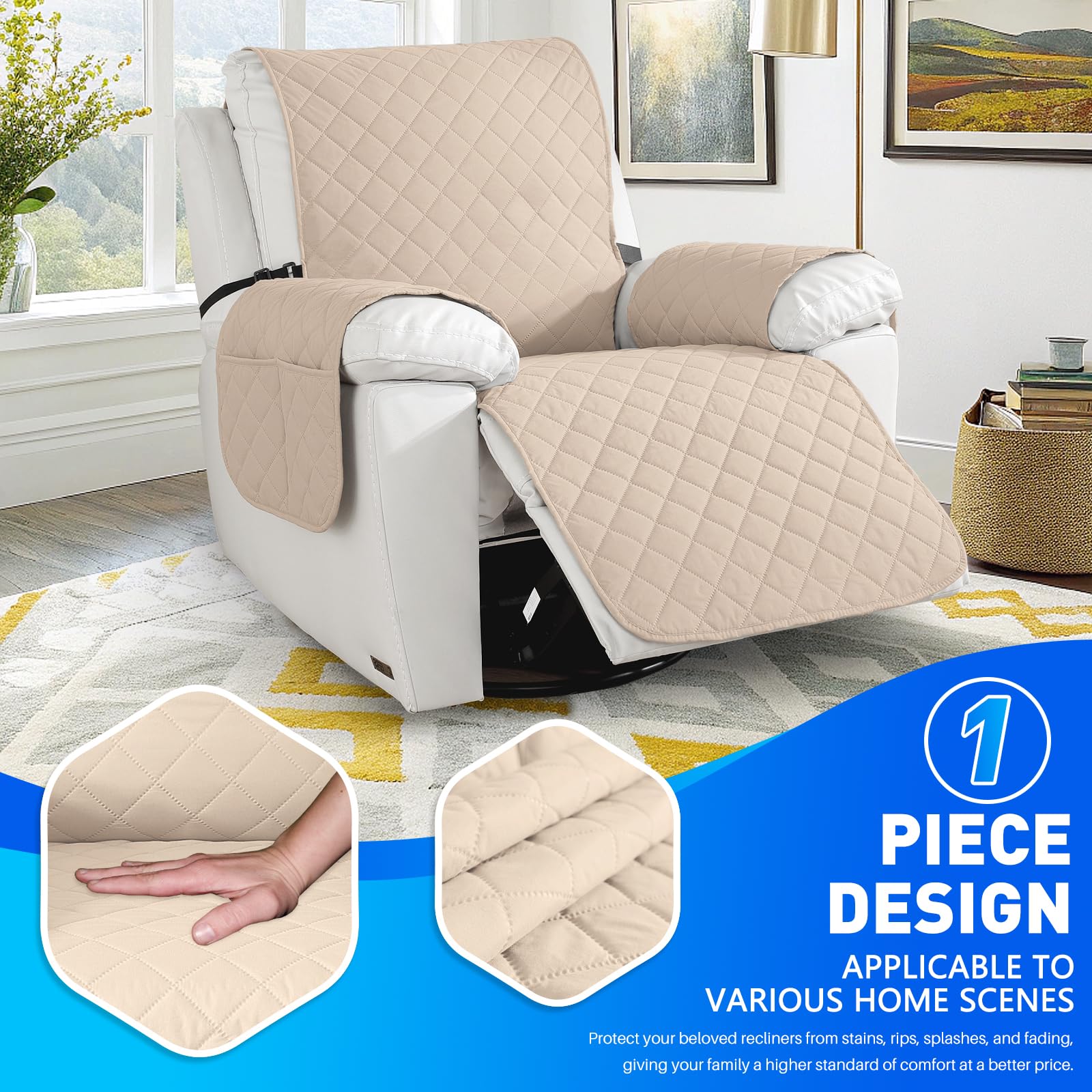 Impermeable Funda Sillon Reclinable 1 Asiento, Funda Sillon Reclinable con Bolsillos Laterales, Antideslizante, Antiarañazos, Universal, Fácil De Instalar Y Lavar, Beige