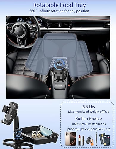 Miniatura 5 de Bandeja para portavasos de automóvil, 5 en 1, ajustable, con mesa de bandeja de alimentos y soporte para teléfono para todos los propósitos,