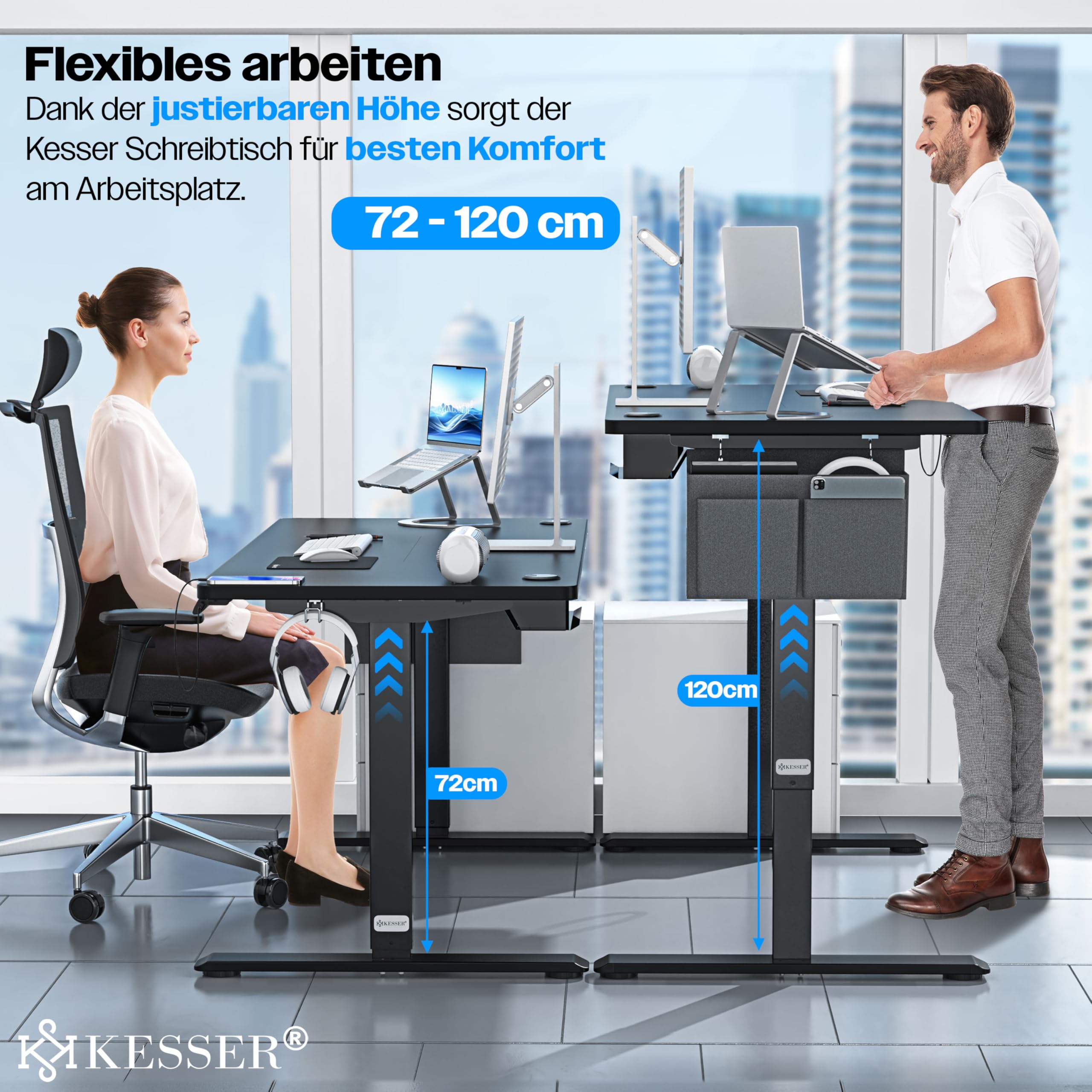 KESSER® höhenverstellbarer Schreibtisch elektrisch 180 x 80 cm, ergonomischer Steh-Sitz Tisch mit 3-Memory-Funktion, Stehtisch für Homeoffice, Inkl. Zubehör, USB-Ladeanschluss & 360° Rollen, Schwarz