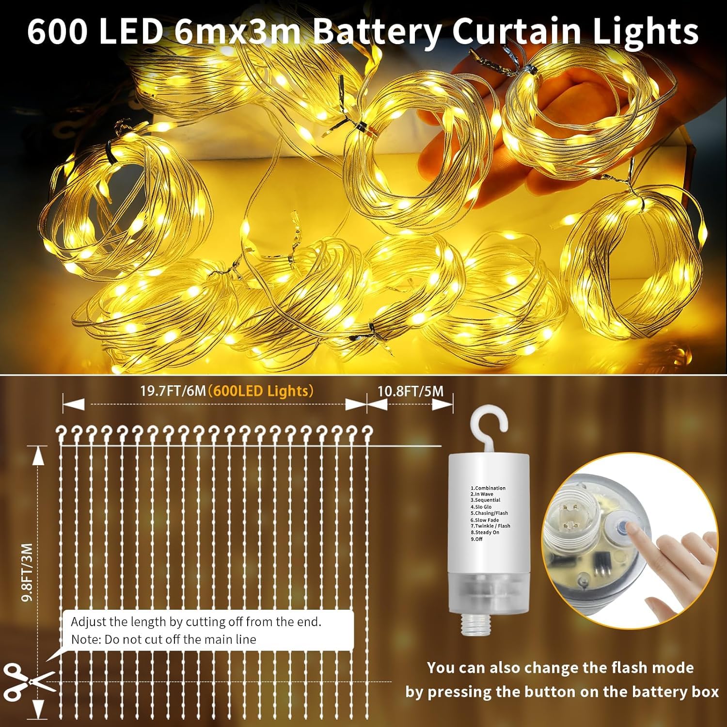 Vorhang Lichter batteriebetrieben, 6x3m 600LED Fee Vorhang Lichter im Freien wasserdicht mit Fernbedienung, 8 Modi Wasserfall Garten String Lichter für Patio Gazebo Party Valentinstag