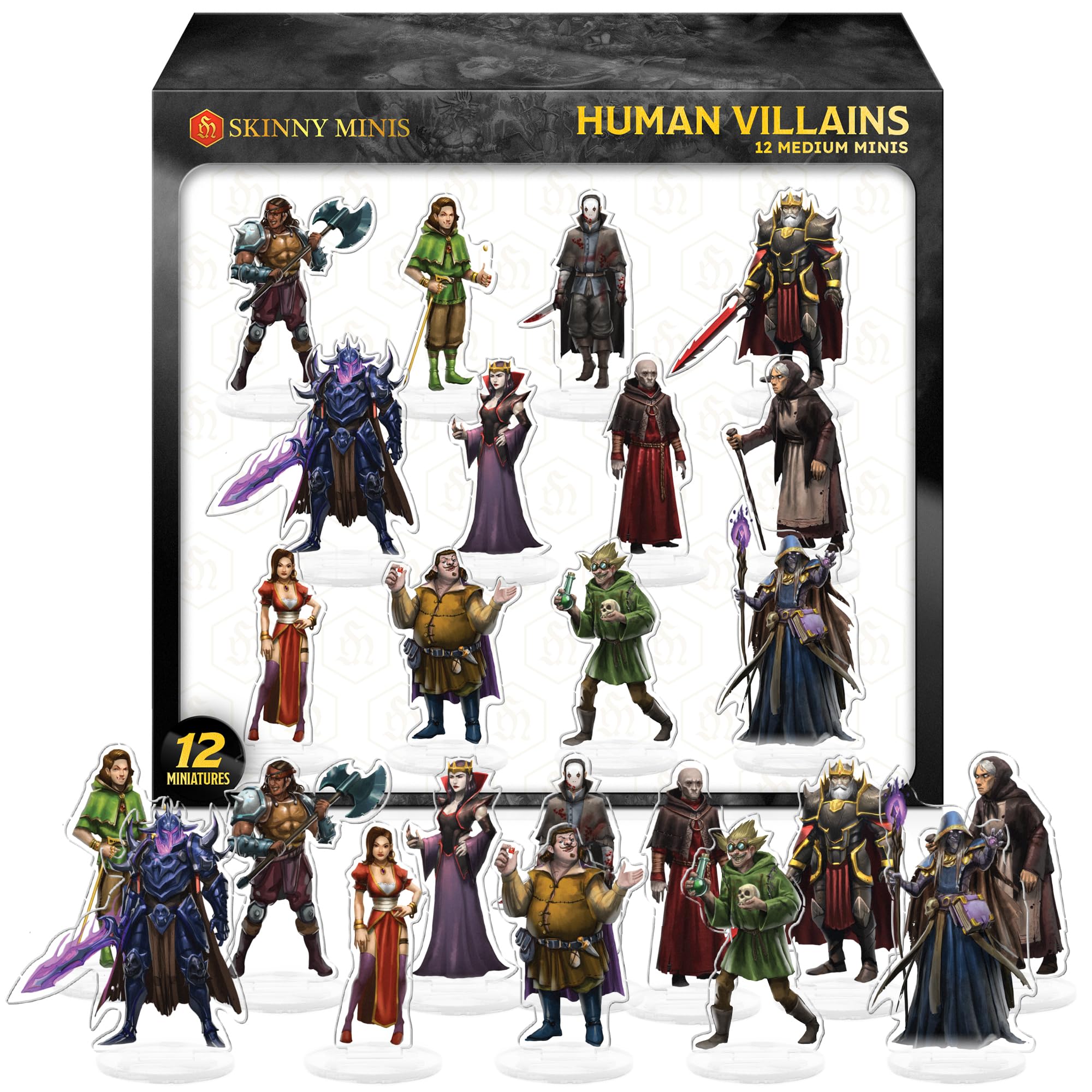 Skinny Minis D&D Compatible Miniatures, Human Villains, Acrylic Mini Figures, Double-Sided for Figures, Durable Tabletop RPG Miniatures