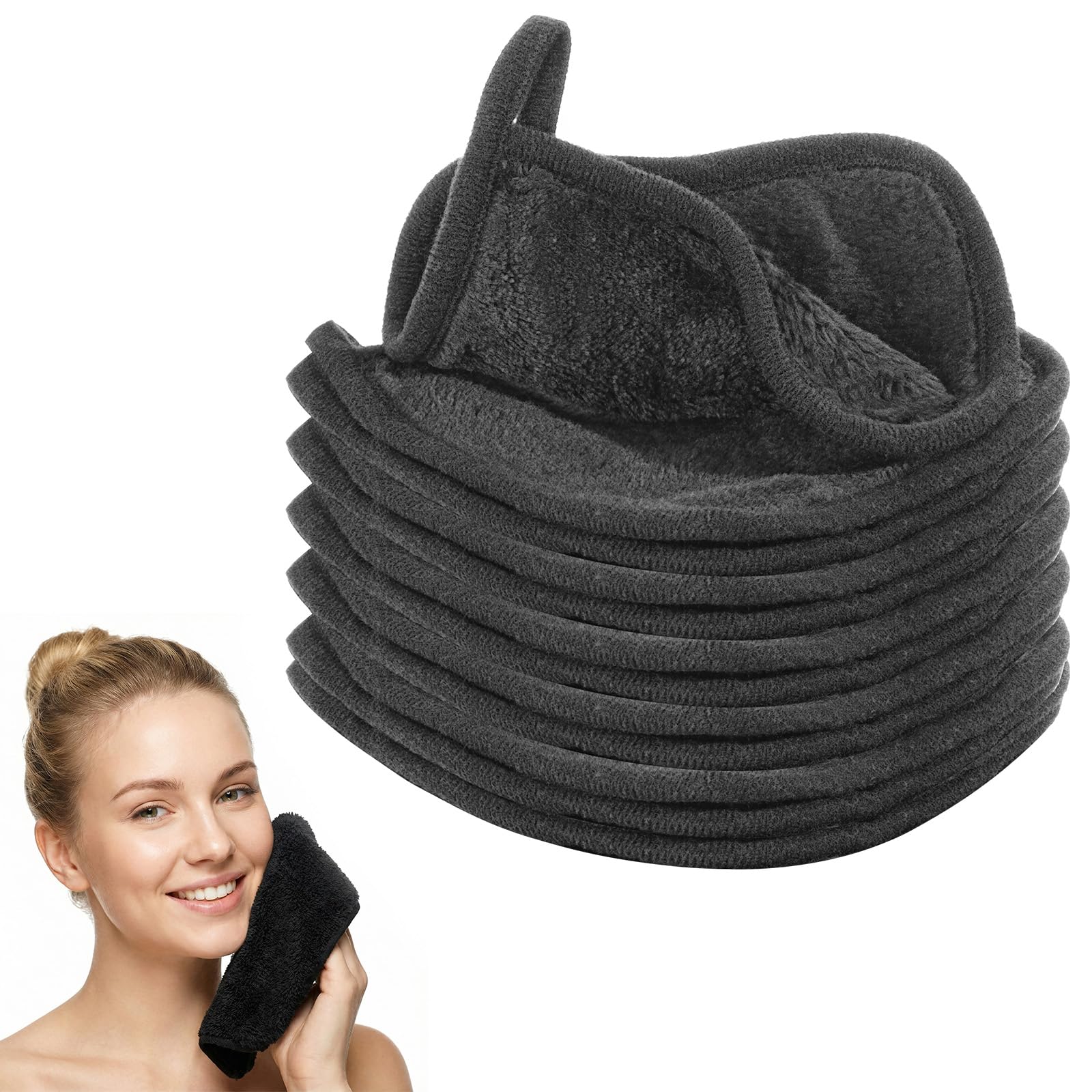 12Pcs Makeup Remover Cloths, 5" x 5" Reusable Ultra Soft Microfiber Facial Cleansing Pads, Soft Washable Makeup Remover Towels for All Skin Types, Remove Instantly Dirt with Just Water (Black)