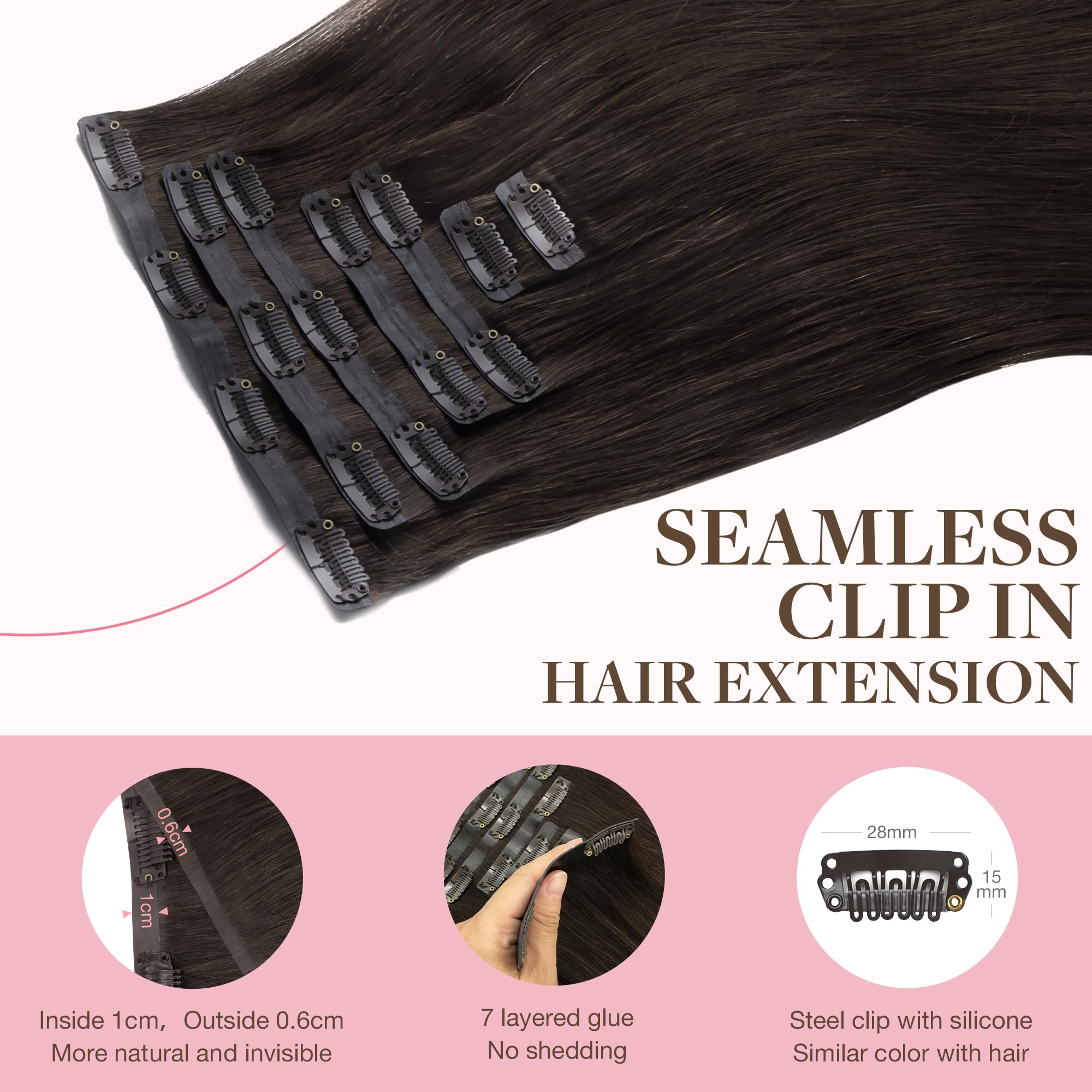 GOO GOO Seamless Clip in Human Hair Extensions, 14inch 110g 7pcs, Hair Extensions Clip in, 2A Light Brown - Image 3