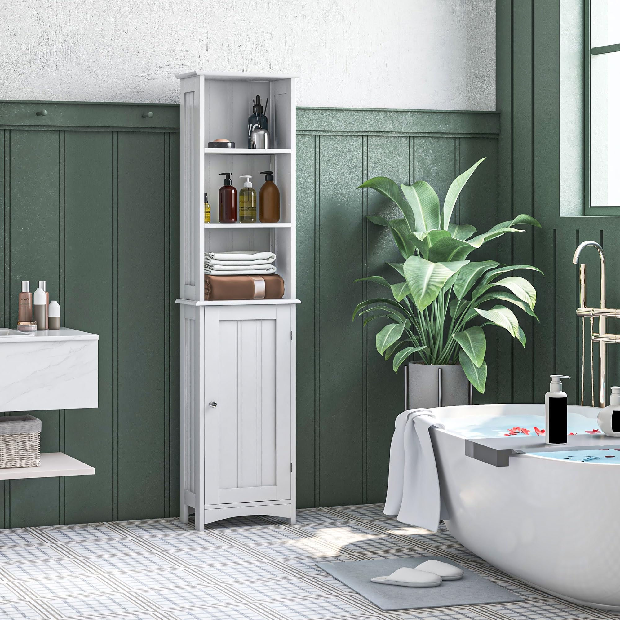 kleankin Armario Alto de Baño con 3 Compartimientos 34x23x165 cm Blanco