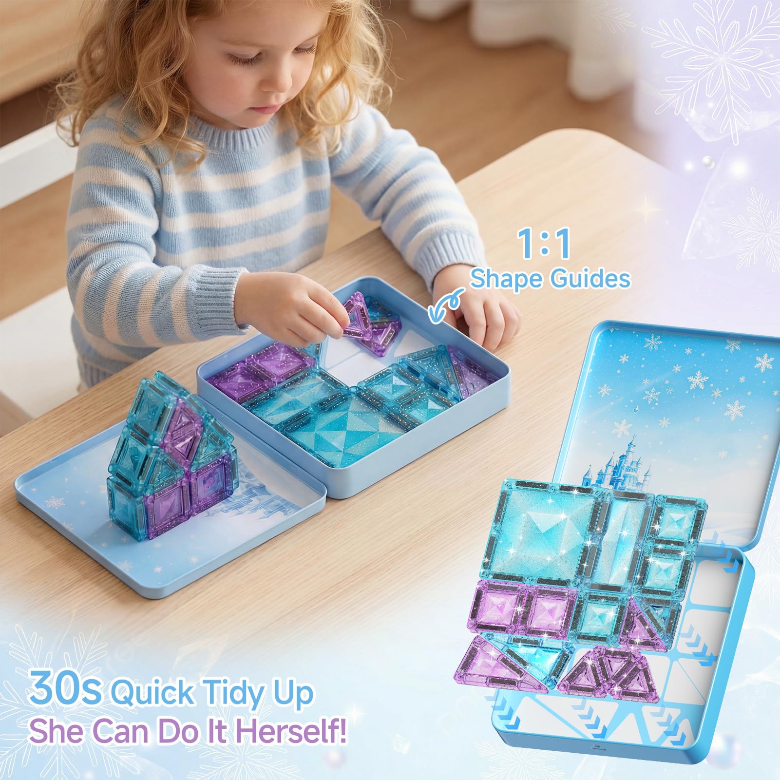 burgkidz Magnetische Bausteine Reisespielzeug für Mädchen, 42 Teile Eisprinzessin Magnetische Tiles in Metallbox - 60 Min Ruhe 30s Aufräumen - Auto Zug Flugzeug Geschenk 3 4 5 6 7 8 Jahre
