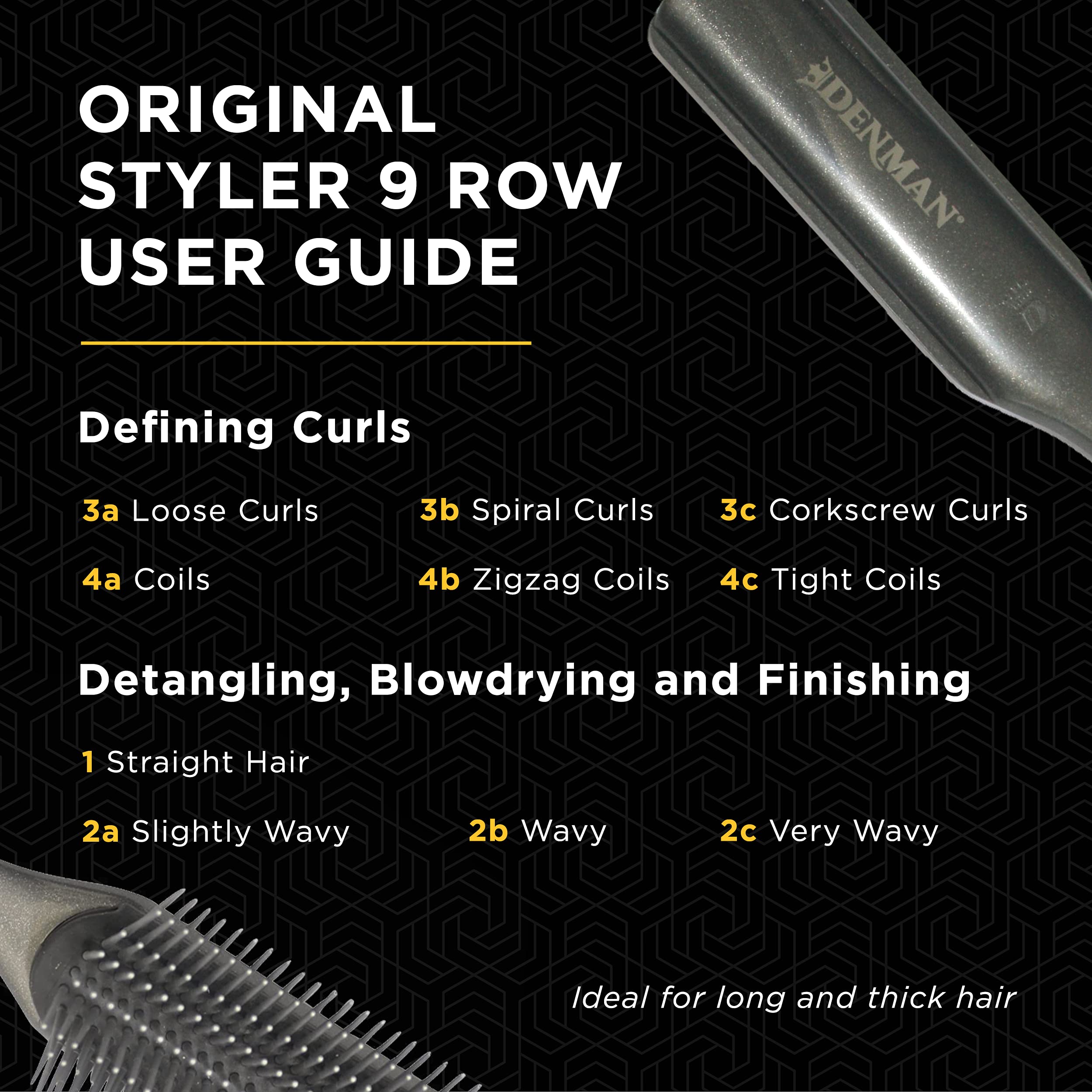 Denman Curly Hair Brush D4 (Silver) 9 Row Styling Brush for Styling, Smoothing Longer Hair and Defining Curls - For Women and Men
