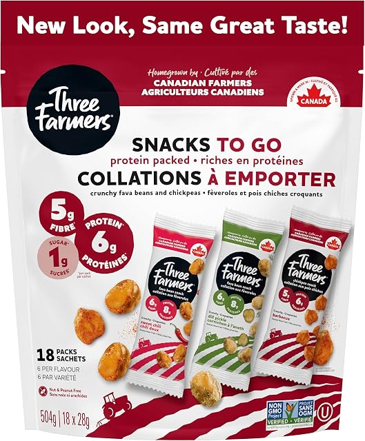 Three Farmers Healthy Boîtes à snack de variétés - Roasted, haute teneur en protéines & Fibre - Chilli doux & Haricots à fèves d'aneth, BBQ Pois chiches x 18 Pack, pour adultes et enfants - Sans gluten, faible teneur en calories, non OGM