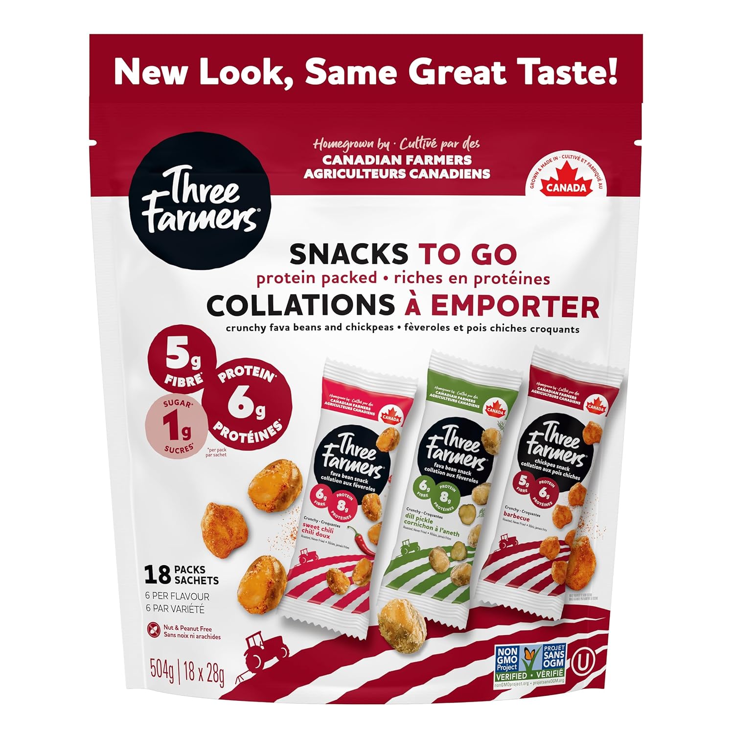 Three Farmers Healthy Variety Snack Packs - Roasted, Never Fried - Protein Rich healthy snacks for adults and Kids, Sweet Chilli & Dill Pickle Fava Beans, BBQ Chickpeas x 18 Pack - Gluten-Free, Low Calorie, High Fibre, Non-GMO