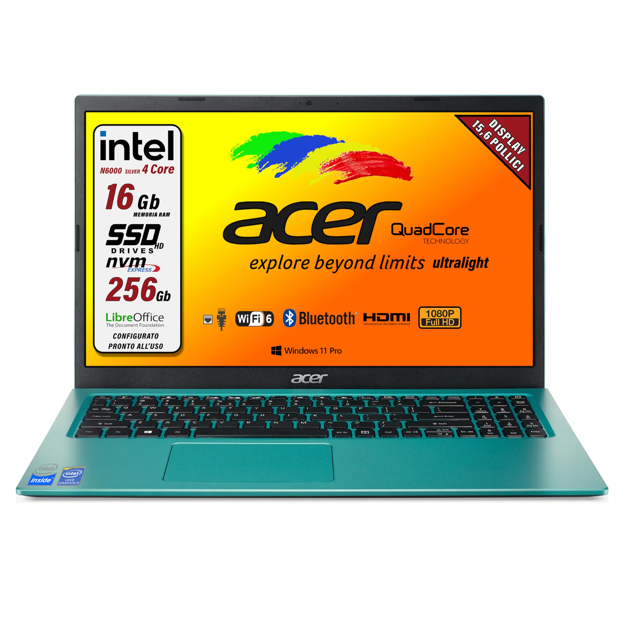 Acer Notebook 15,6 Pollici Full HD – Intel N6000, 24GB RAM, SSD 256GB, Windows 11 Pro, LibreOffice, Pronto All'Uso, Garanzia Italia
