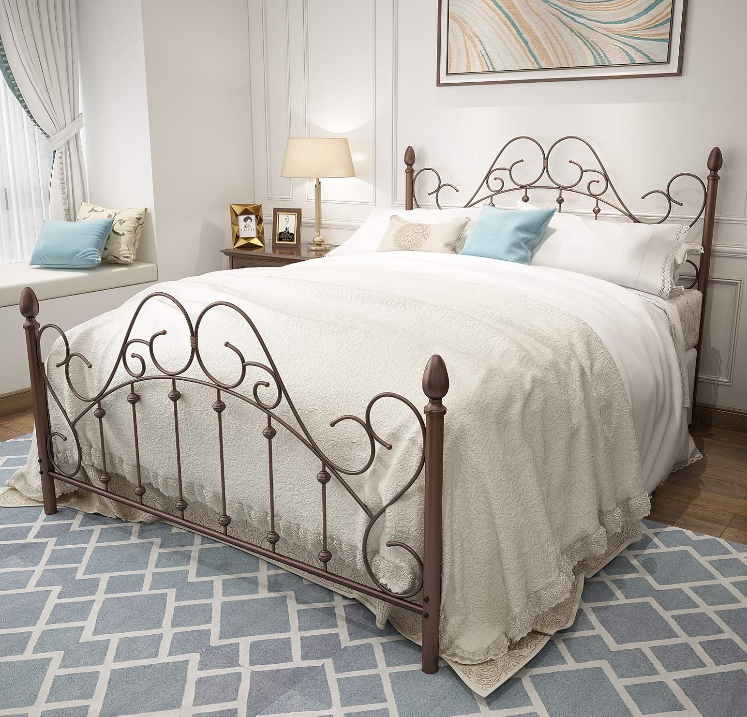 Queen Platform Metal Bed Frame with Headboard and Footboard,Vintage Victorian Style Mattress