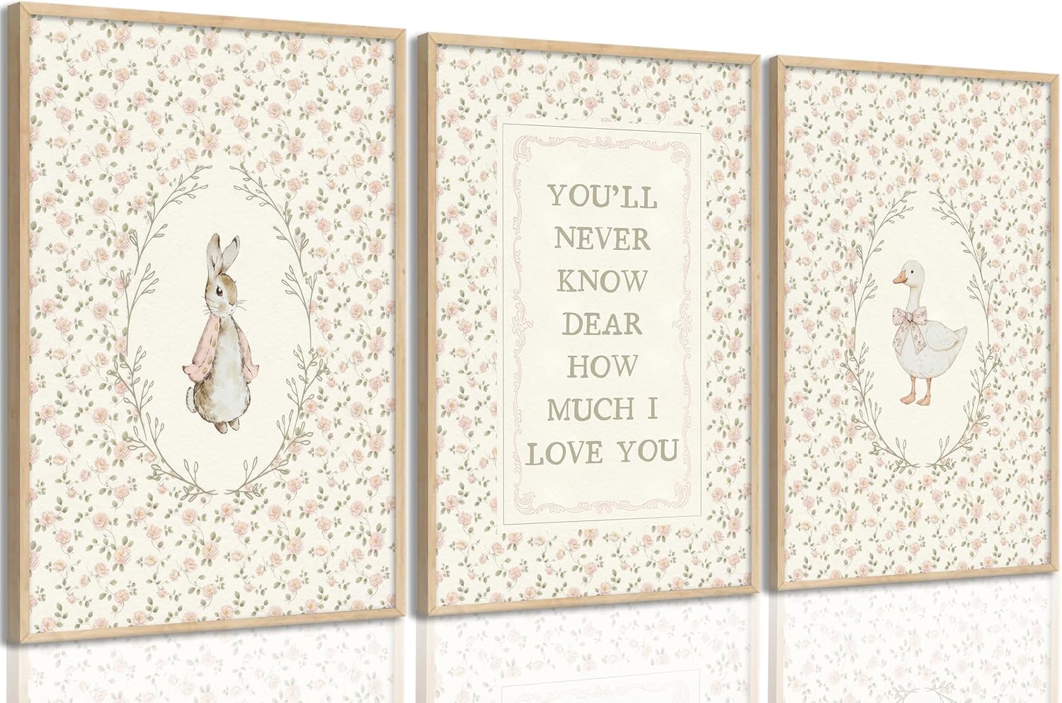 Vintage Animal Nursery Wall Art Cute Bunny and Silly Goose Wall Decor Rabbit Duck Poster Pink Floral Animals Print artwork Pink Nursery painting Picture for Baby Bedroom Kid's Room Home Decor Unframed