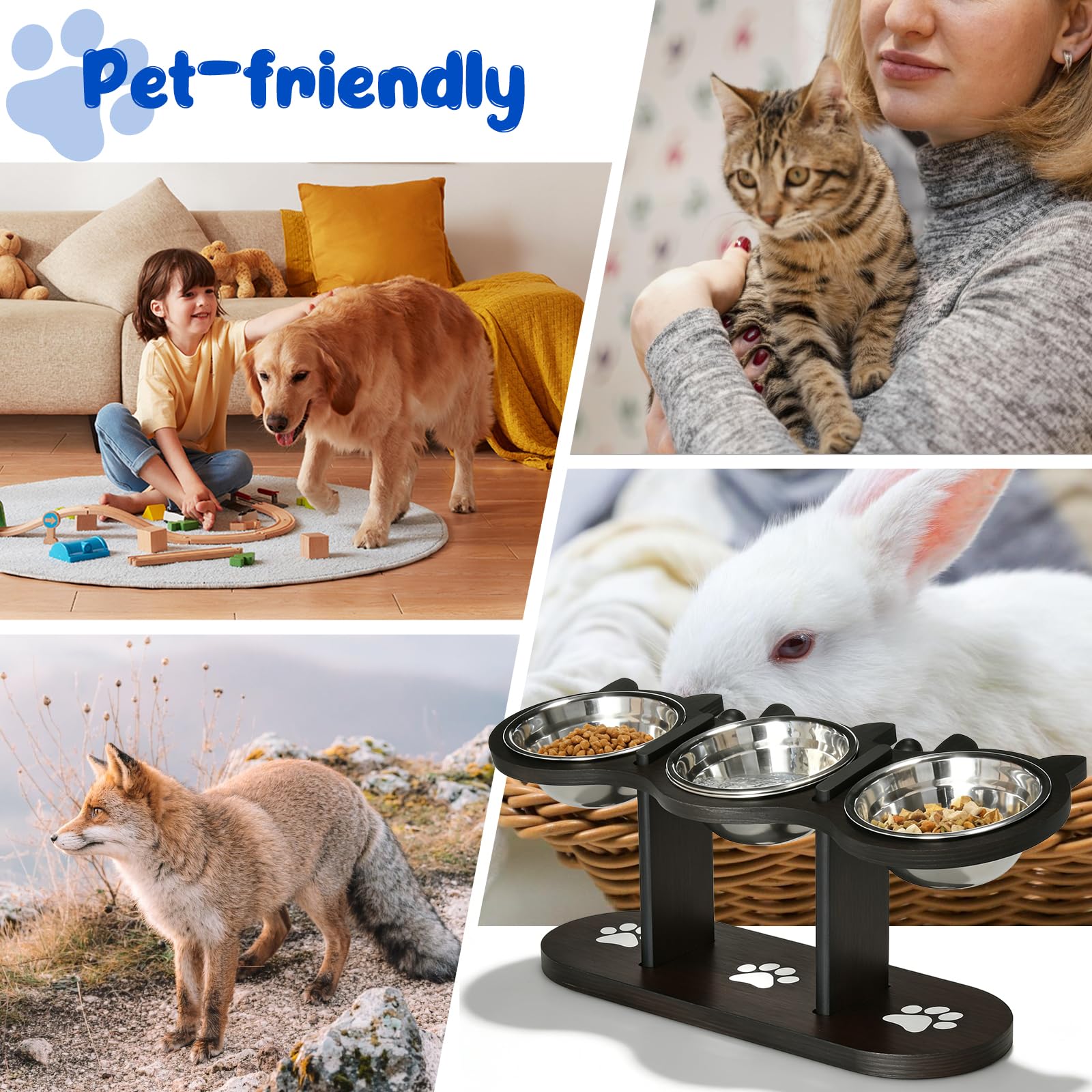 GOMETY Comedero para gatos 3 en 1 elevado, juego de 3 comederos para gatos con 3 cuencos de acero inoxidable, altura ajustable, comedero para gatos elevado, con soporte de madera, comedero ergonómico