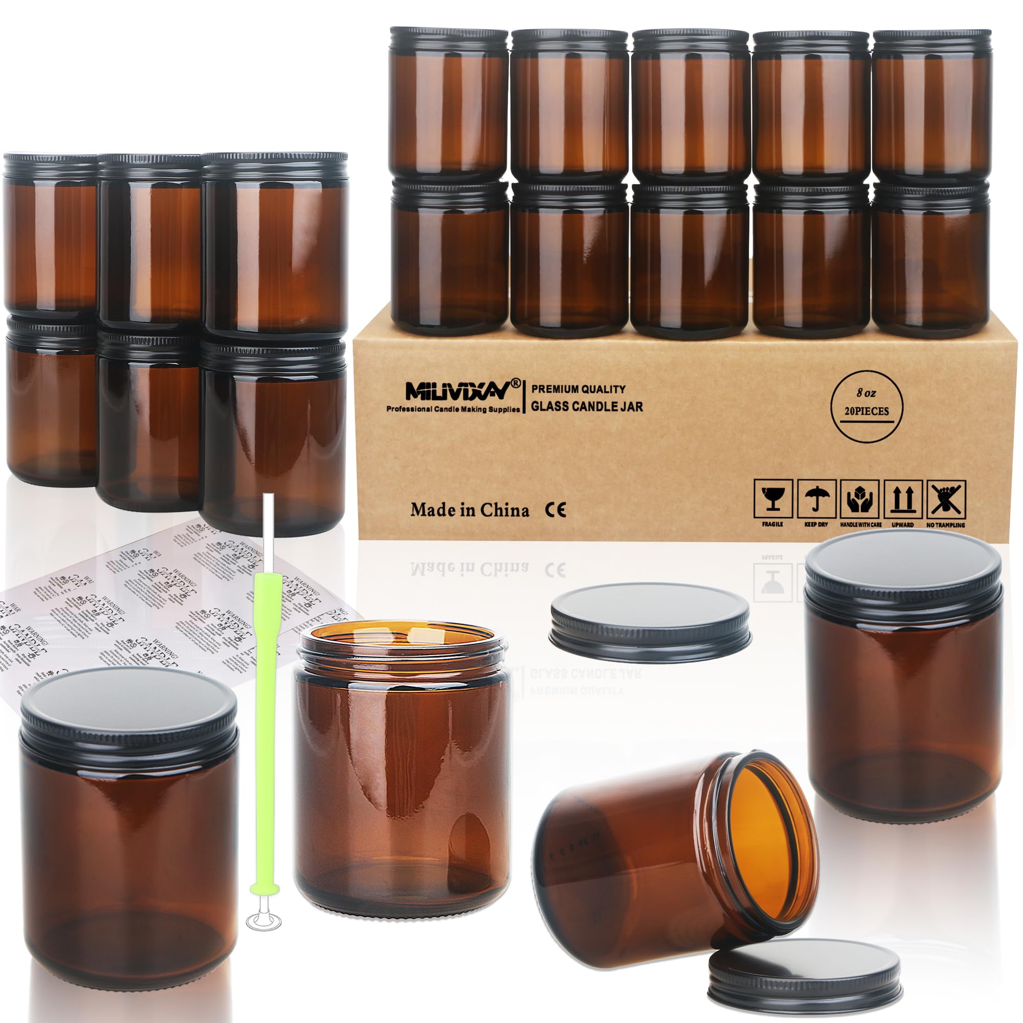 MILIVIXAY Set of 20 Thick Dark Amber Glass Candle Jars 8 oz with Black Metal Lids - Empty Bulk Candle Jars for Candle Making - Jars for Spices, Liquids — image 1