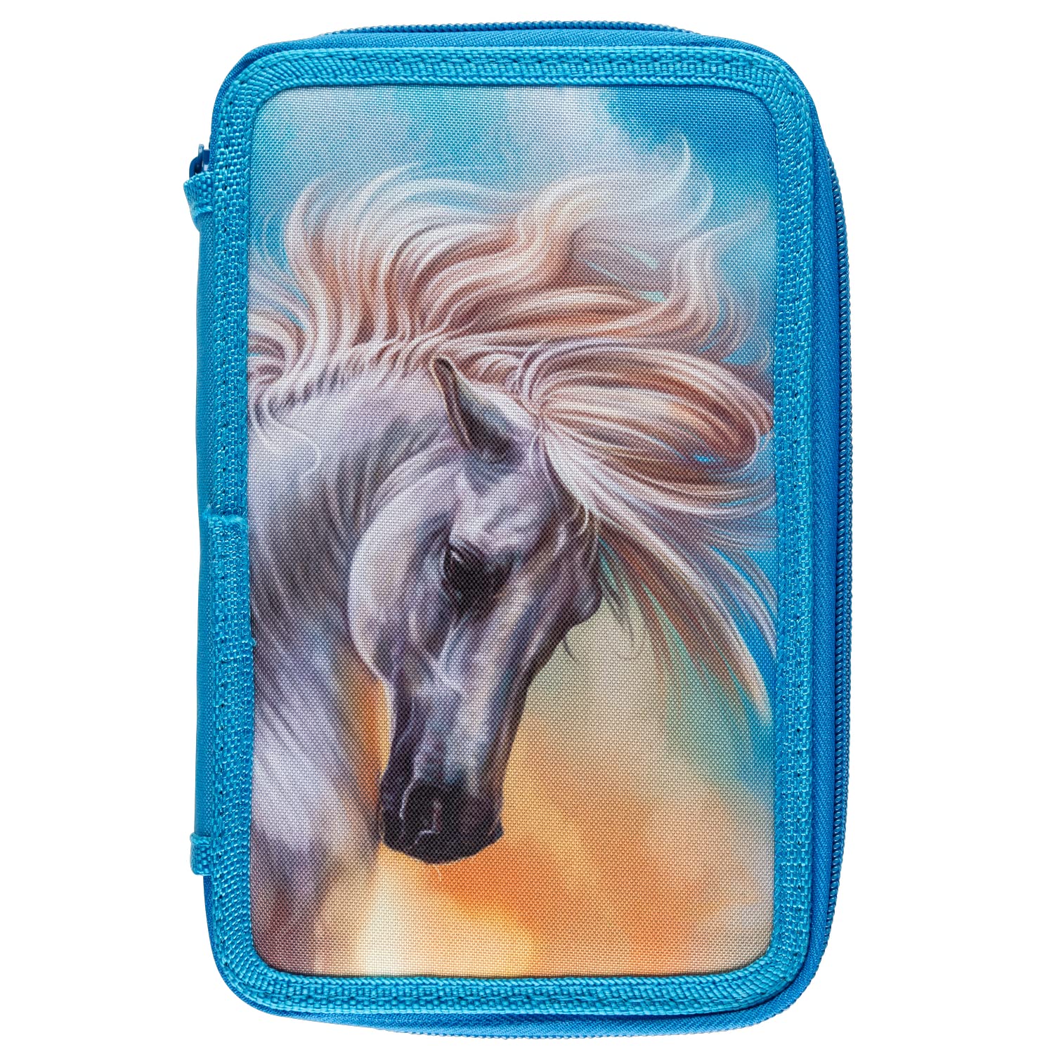 Idena 20120 Triple Student 3 Zip Compartments and 47 Pieces Horse Design Case with Coloured, Ruler, Pencils and Other Accessories for School, lightblue