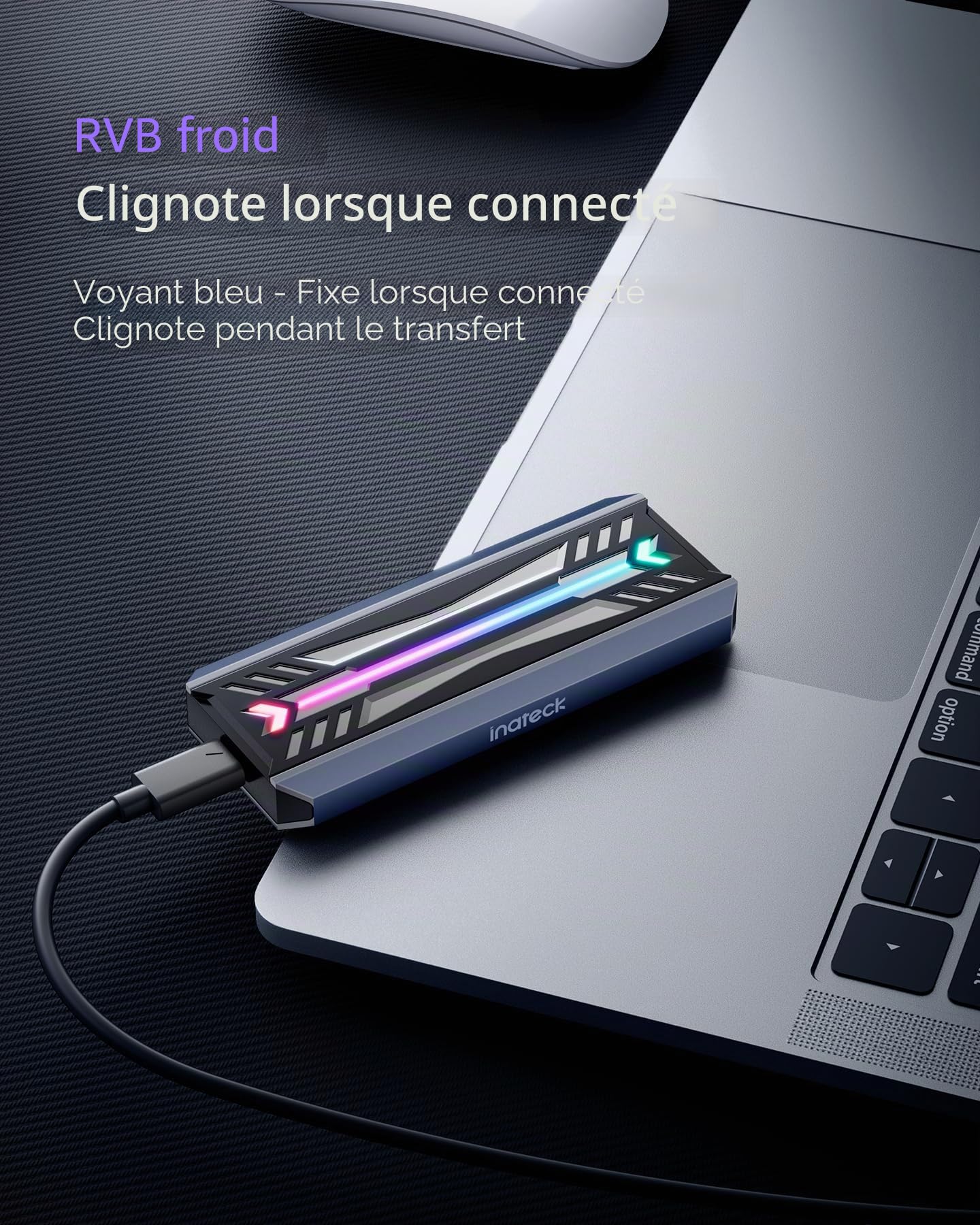 Inateck Boîtier SSD M.2 NVMe SATA avec RGB, USB 3.2 Gen 2 (10 Gbps) Prise en Charge UASP Trim pour NVME/SATA SSDs 2242/2260/2280(M/M&B Key), Installation sans Outil (Jusqu'à 4TB), FE2024