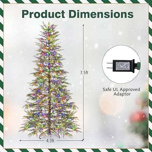 Miniatura 9 de HAPPYGRILL Árbol de Navidad artificial preiluminado de 7.5 pies, abeto de Navidad disperso con 500 luces LED, 8 modos, 725 puntas de rama, soporte