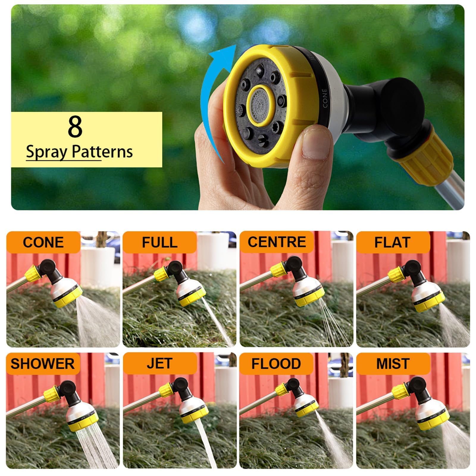 Baguette d'arrosage de 44,5 cm avec contrôle du pouce et buse d'eau à 180° | 8 modes de pulvérisation pour nettoyage à haute pression, bain d'animaux, jardins, paniers suspendus | Compatible avec les