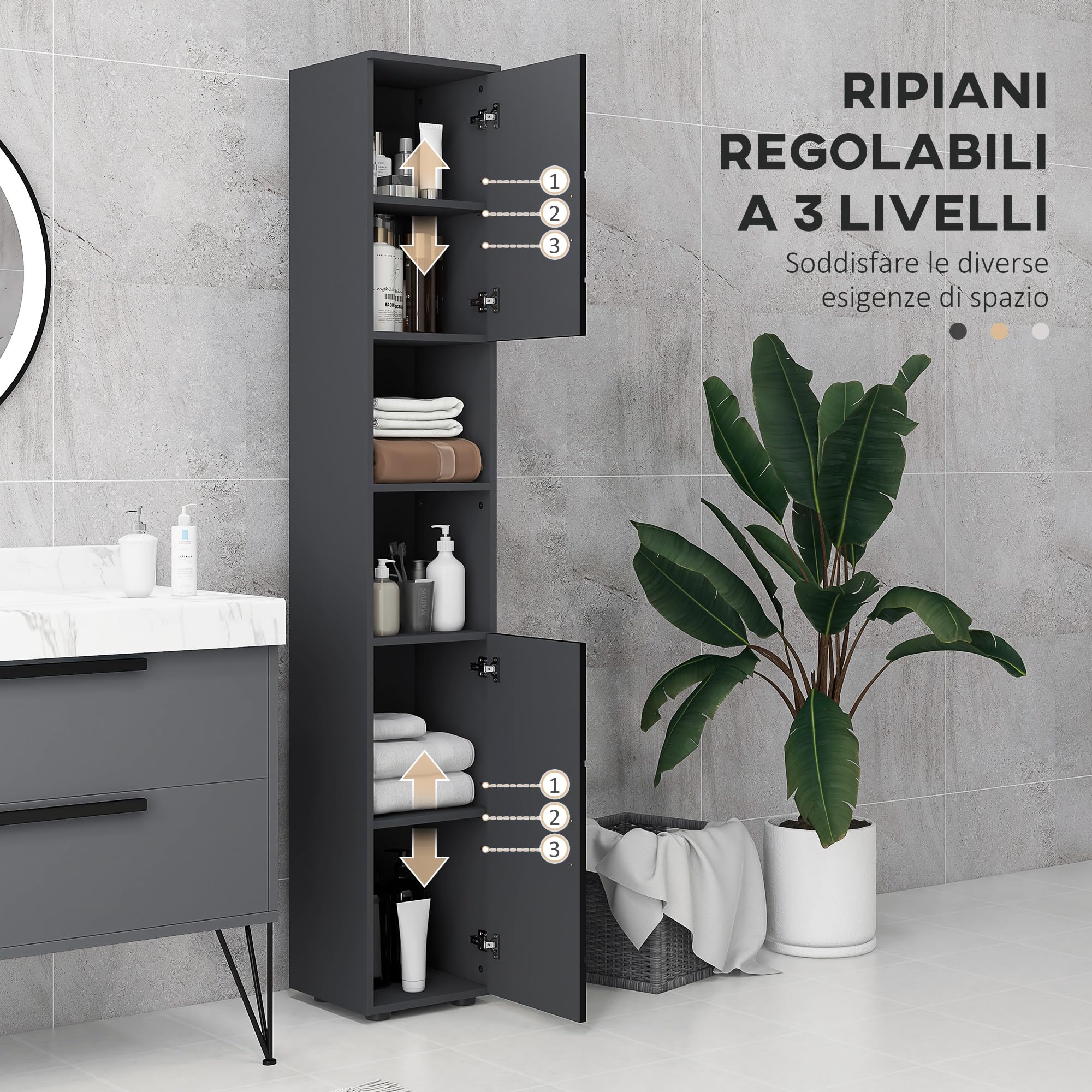 kleankin Colonna Bagno in Truciolato con 2 Ripiani Aperti e 2 Armadietti a 2 Livelli Regolabili, 30x30x183 cm, Nero e Grigio Scuro