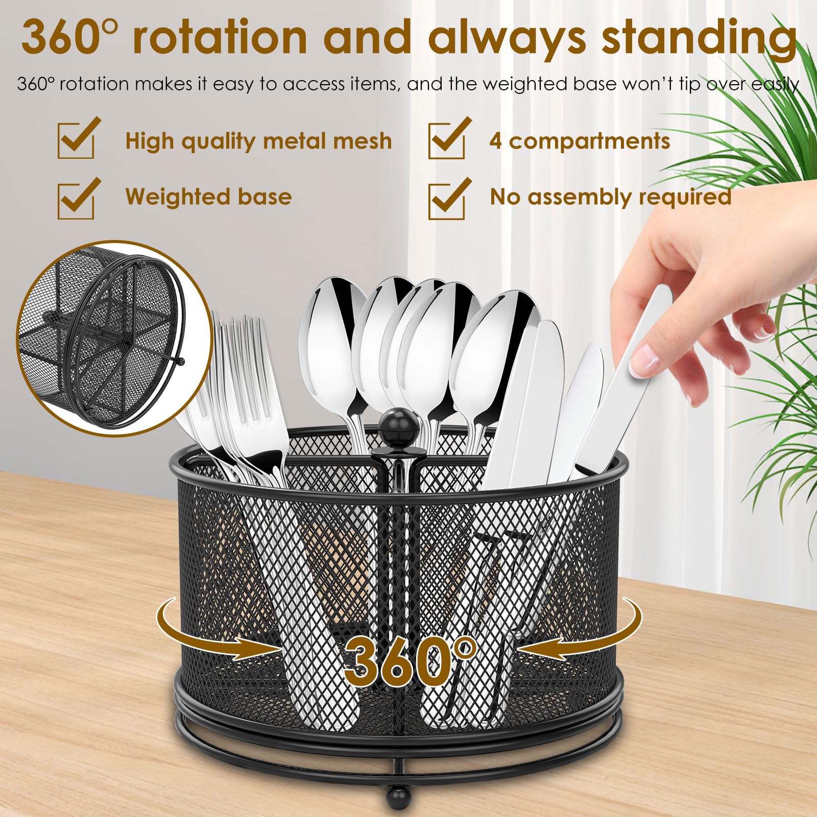 Utensil Caddy Kitchen Utensil Holder 6.7×6.7×5.1 Inch Metal Utensil Organizer 4-Compartment Metal Utensil Caddy 360° Rotatable Cutlery Holder Multifunctional Flatware Organizer for Home