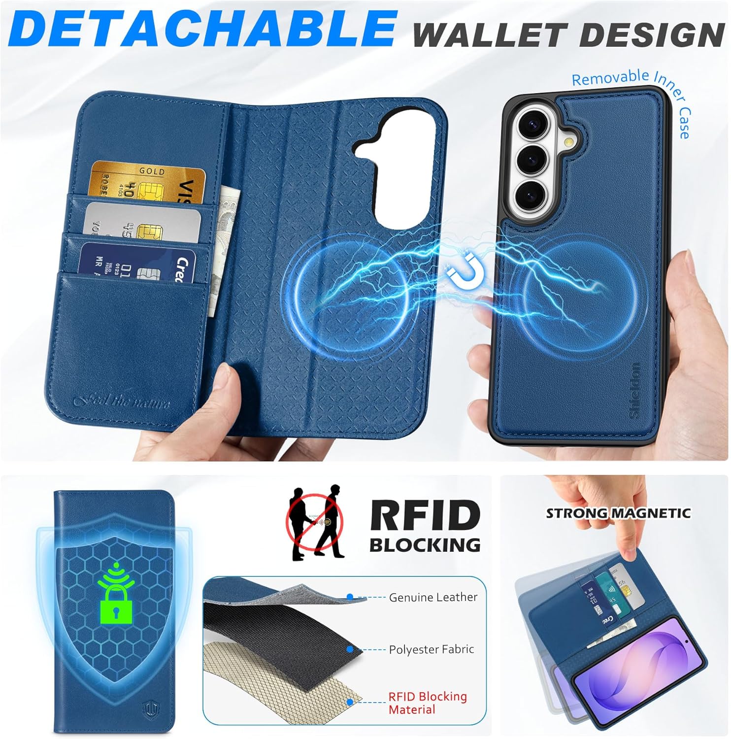 SHIELDON Removable Wallet Case for Galaxy S26 6.3" 5G 2026, Genuine Leather, Folio Magnetic, Wireless Charging, RFID Blocking Credit Card Holder, Kickstand, Shockproof Interior Cover - Royal Blue
